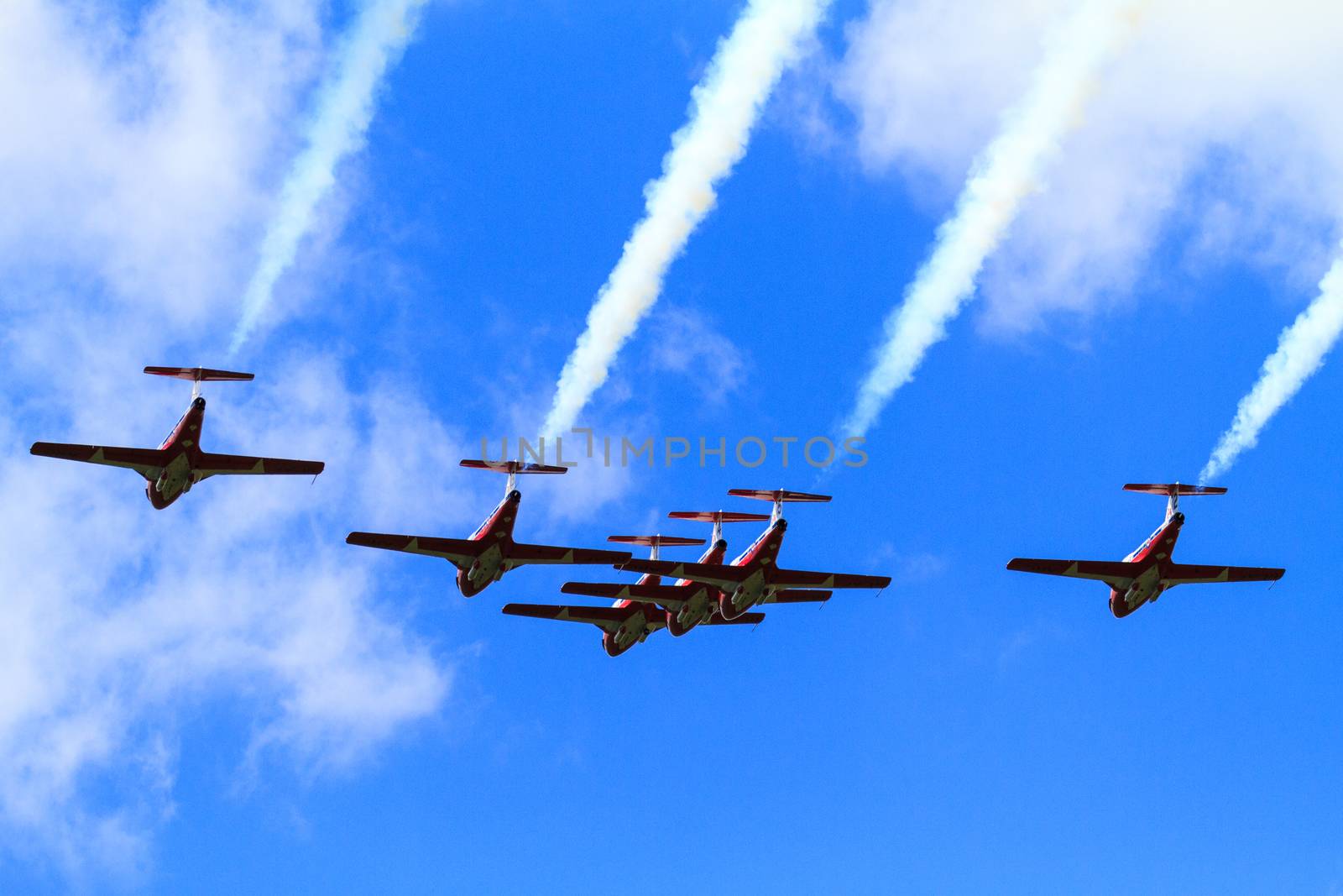 SPRINGBANK CANADA - JUL 20, 2015: The Snowbirds Demonstration Team demonstrate the skill, professionalism, and teamwork of Canadian Forces personnel during the Wings Over Lethbridge..