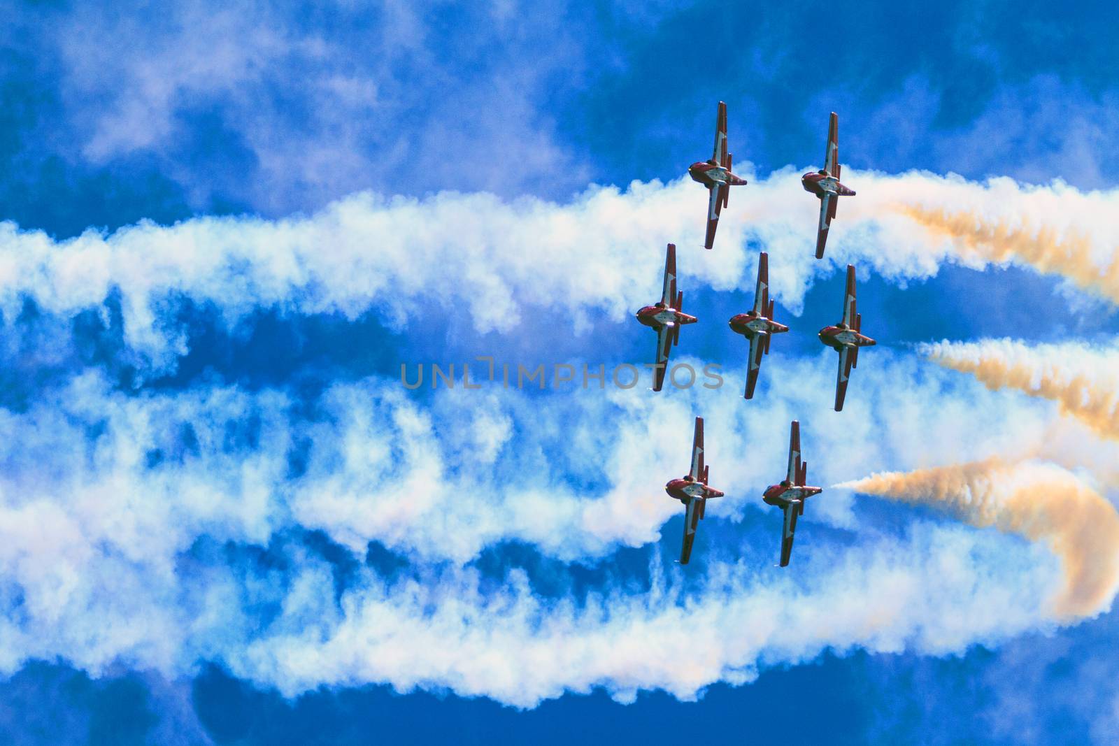 SPRINGBANK CANADA - JUL 20, 2015: The Snowbirds Demonstration Team demonstrate the skill, professionalism, and teamwork of Canadian Forces personnel during the Wings Over Lethbridge..