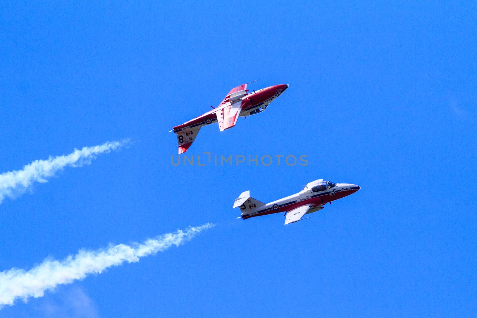 SPRINGBANK CANADA - JUL 20, 2015: The Snowbirds Demonstration Team demonstrate the skill, professionalism, and teamwork of Canadian Forces personnel during the Wings Over Lethbridge.