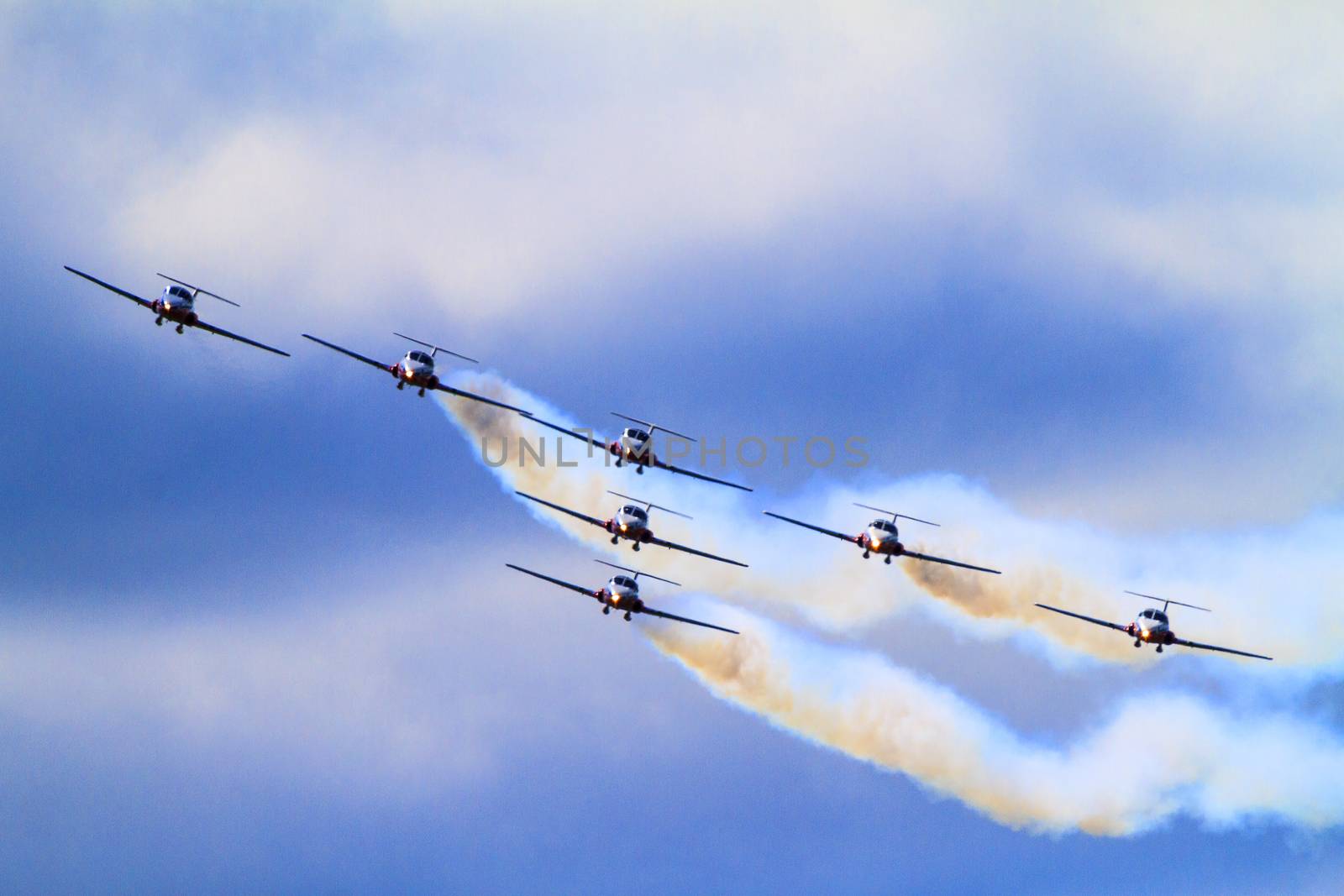 SPRINGBANK CANADA - JUL 20, 2015: The Snowbirds Demonstration Team demonstrate the skill, professionalism, and teamwork of Canadian Forces personnel during the Wings Over Lethbridge..