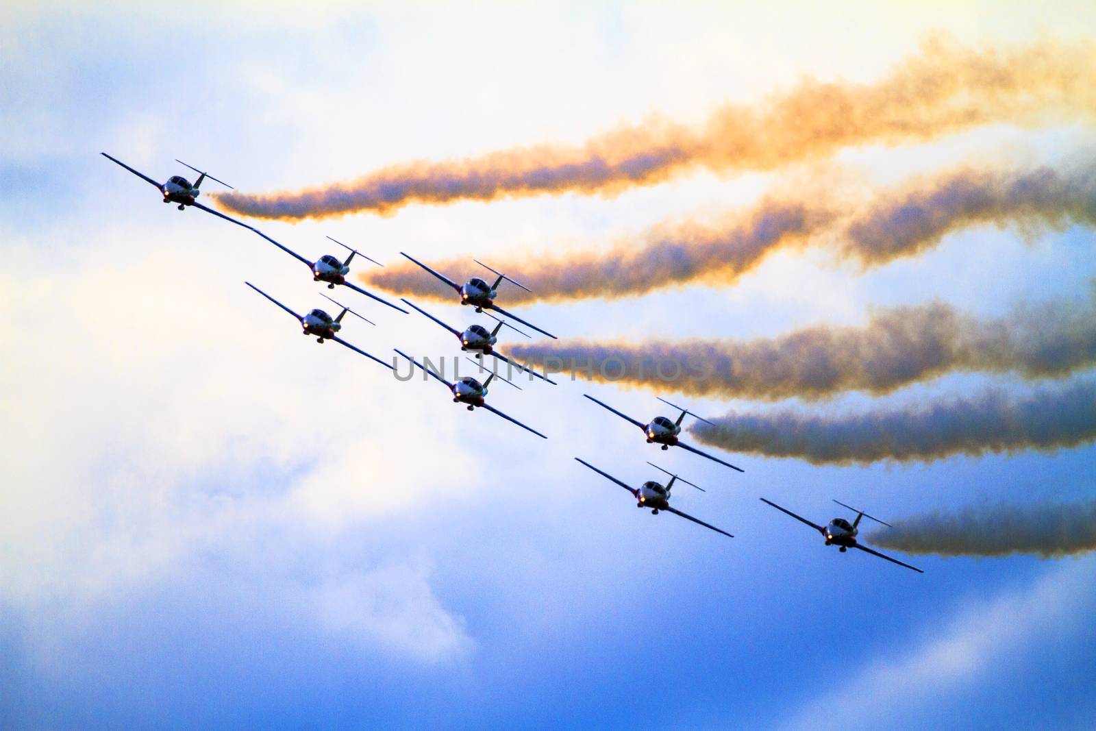 SPRINGBANK CANADA - JUL 20, 2015: The Snowbirds Demonstration Team demonstrate the skill, professionalism, and teamwork of Canadian Forces personnel during the Wings Over Lethbridge.