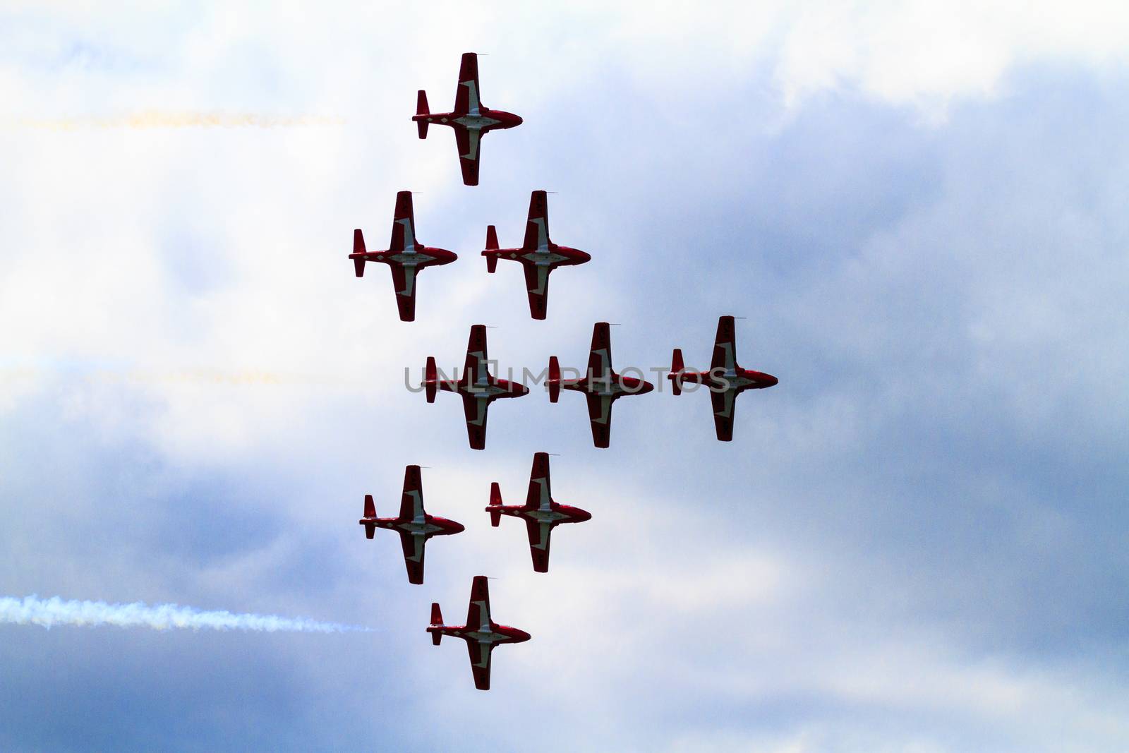 SPRINGBANK CANADA - JUL 20, 2015: The Snowbirds Demonstration Team demonstrate the skill, professionalism, and teamwork of Canadian Forces personnel during the Wings Over Lethbridge.