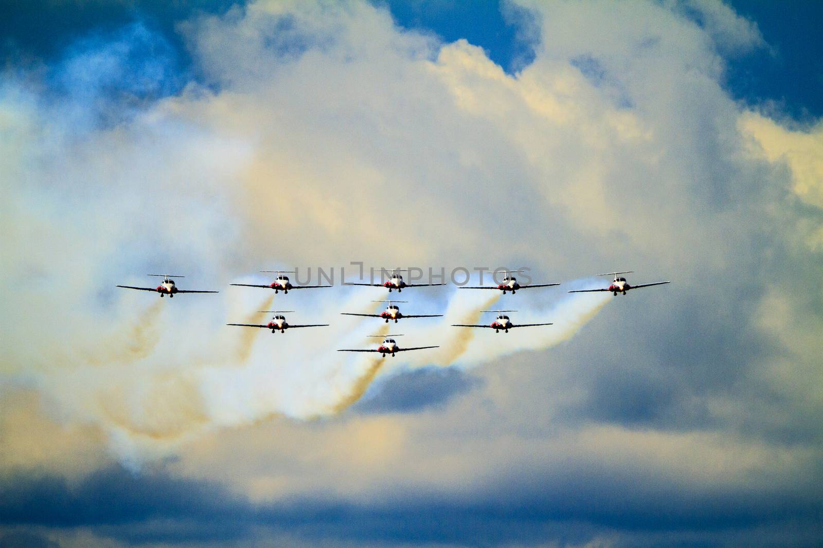 SPRINGBANK CANADA - JUL 20, 2015: The Snowbirds Demonstration Team demonstrate the skill, professionalism, and teamwork of Canadian Forces personnel during the Wings Over Lethbridge.