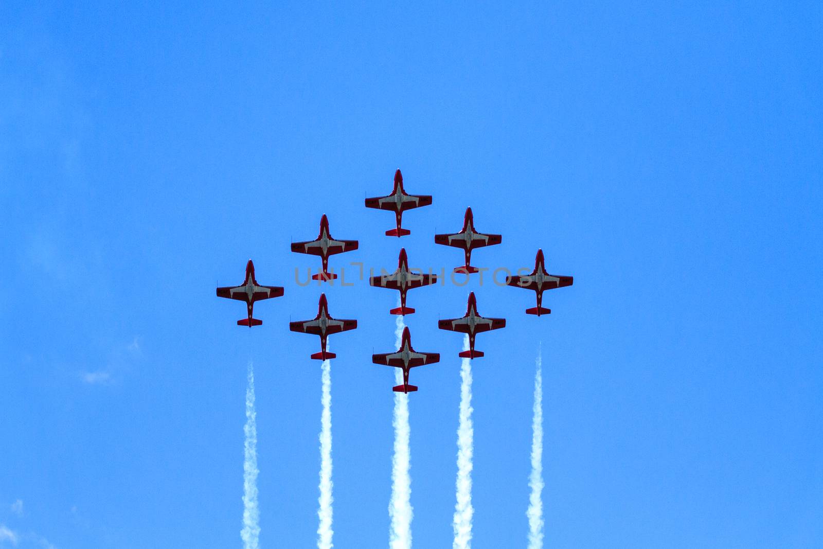 SPRINGBANK CANADA - JUL 20, 2015: The Snowbirds Demonstration Team demonstrate the skill, professionalism, and teamwork of Canadian Forces personnel during the Wings Over Lethbridge.