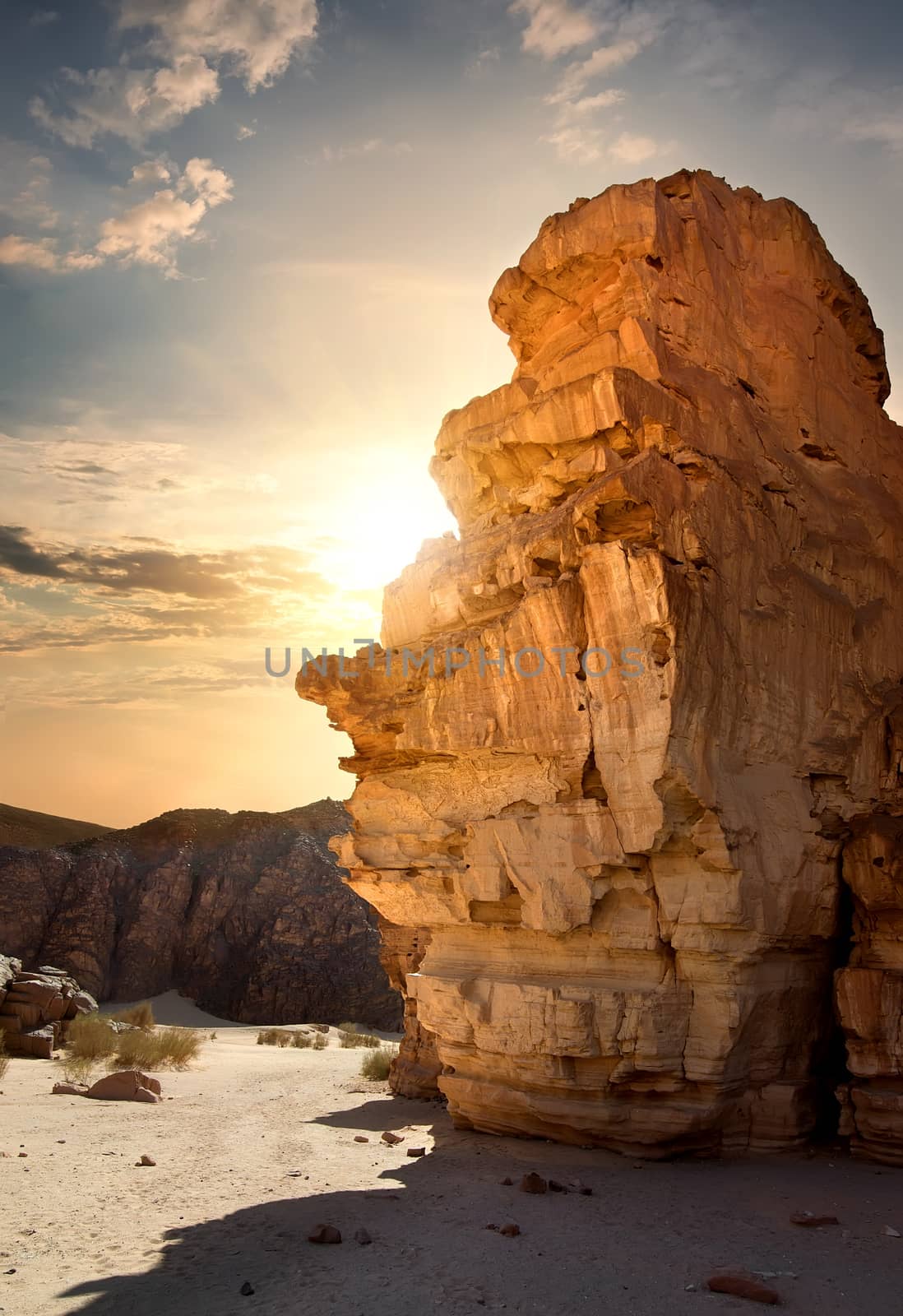 Rocks in canyon of Sinai at sunset