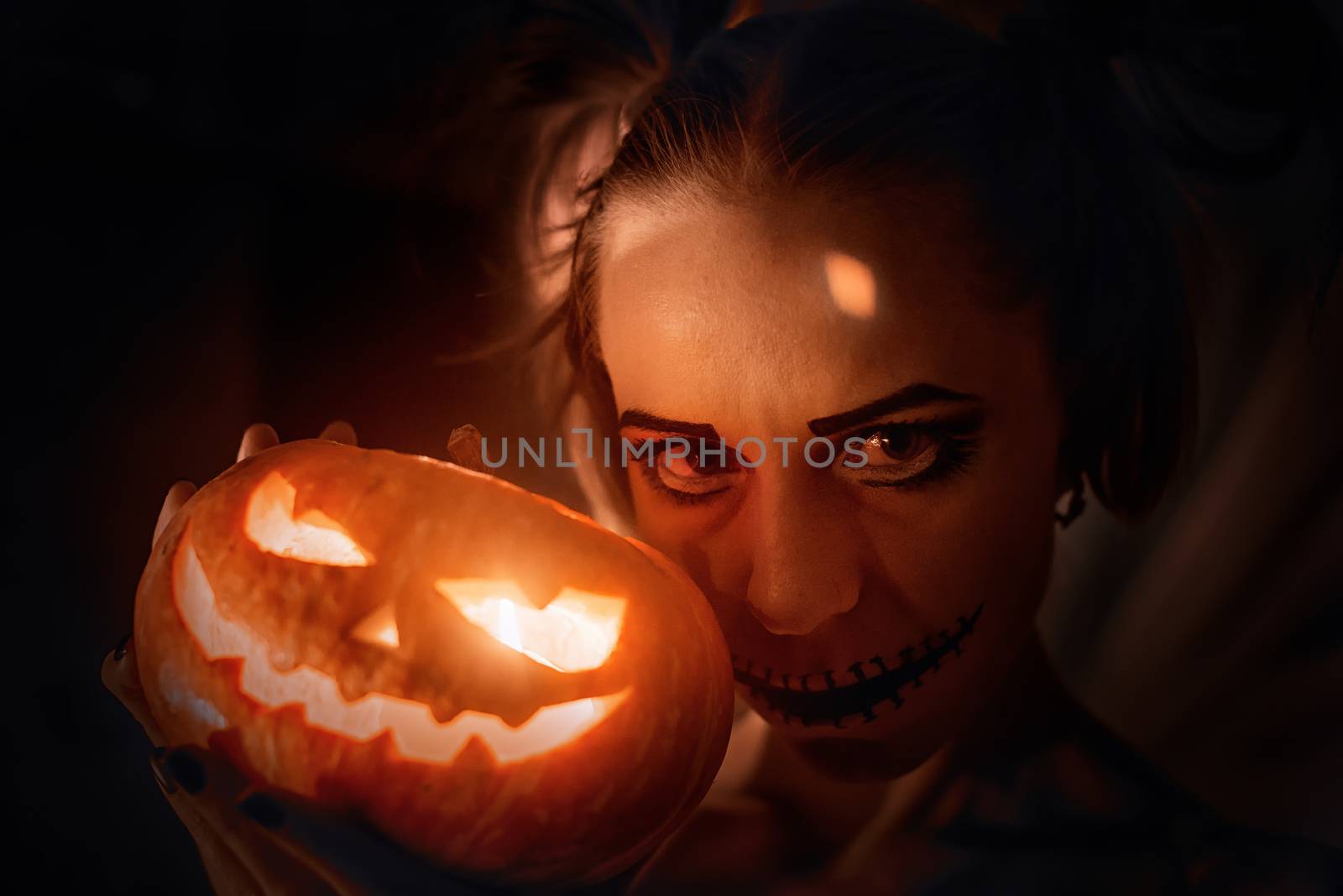 Horrible girl with scary mouth and eyes, halloween theme