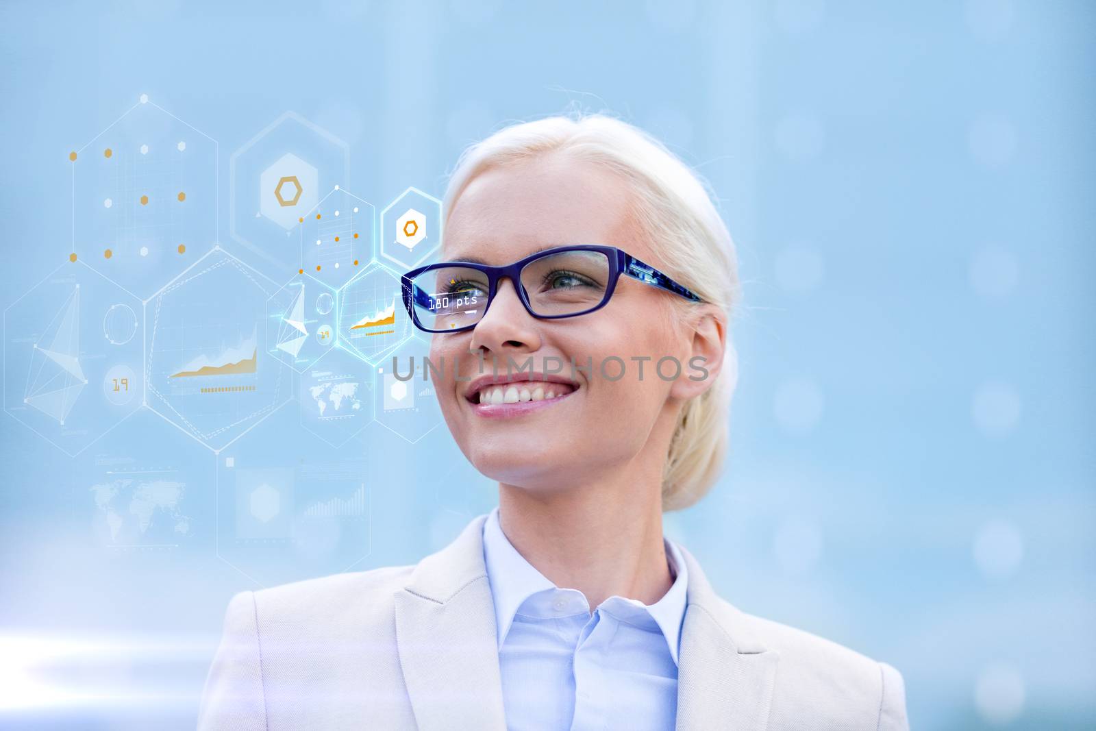 business, people, development and future technology concept - young smiling businesswoman in eyeglasses with virtual screen and charts projection outdoors