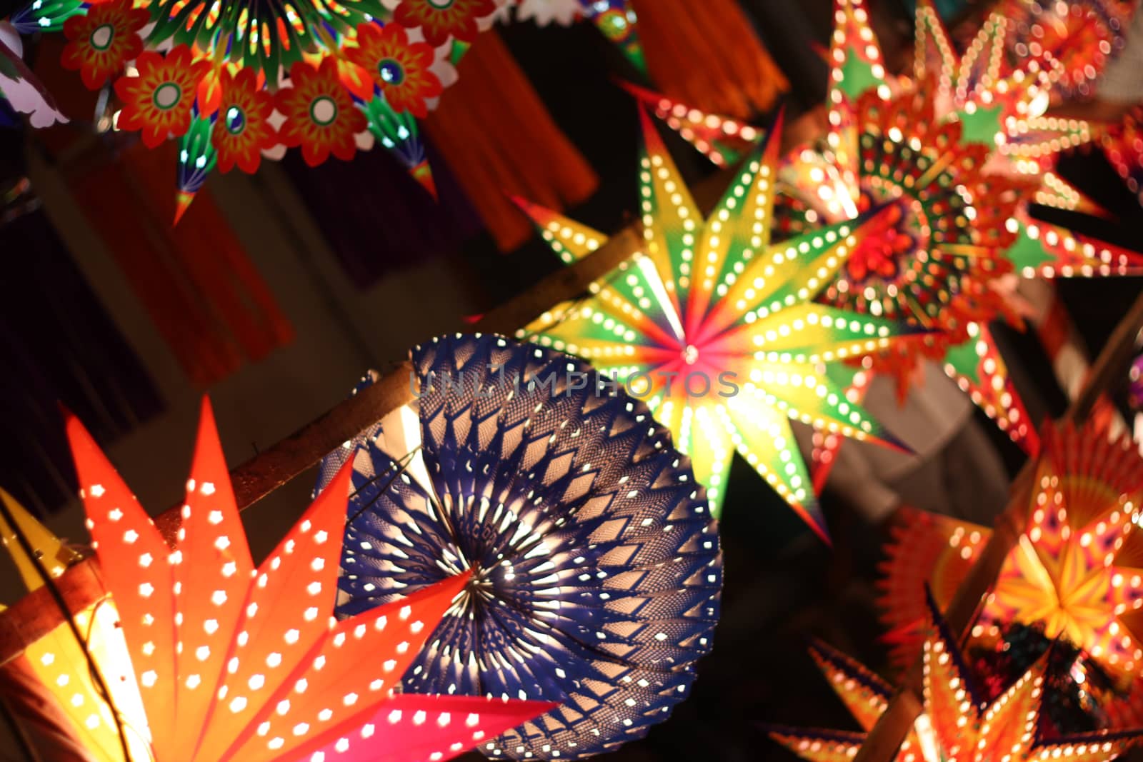 A line of different lanterns for sale in India on the festive occasion of Diwali