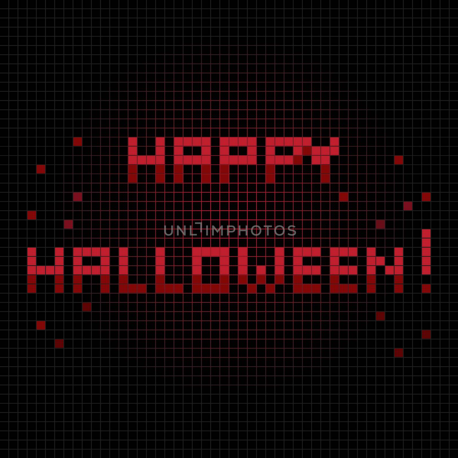 Halloween greetings card, pixel illustration of a scoreboard composition with digital  text and blood sprinkles