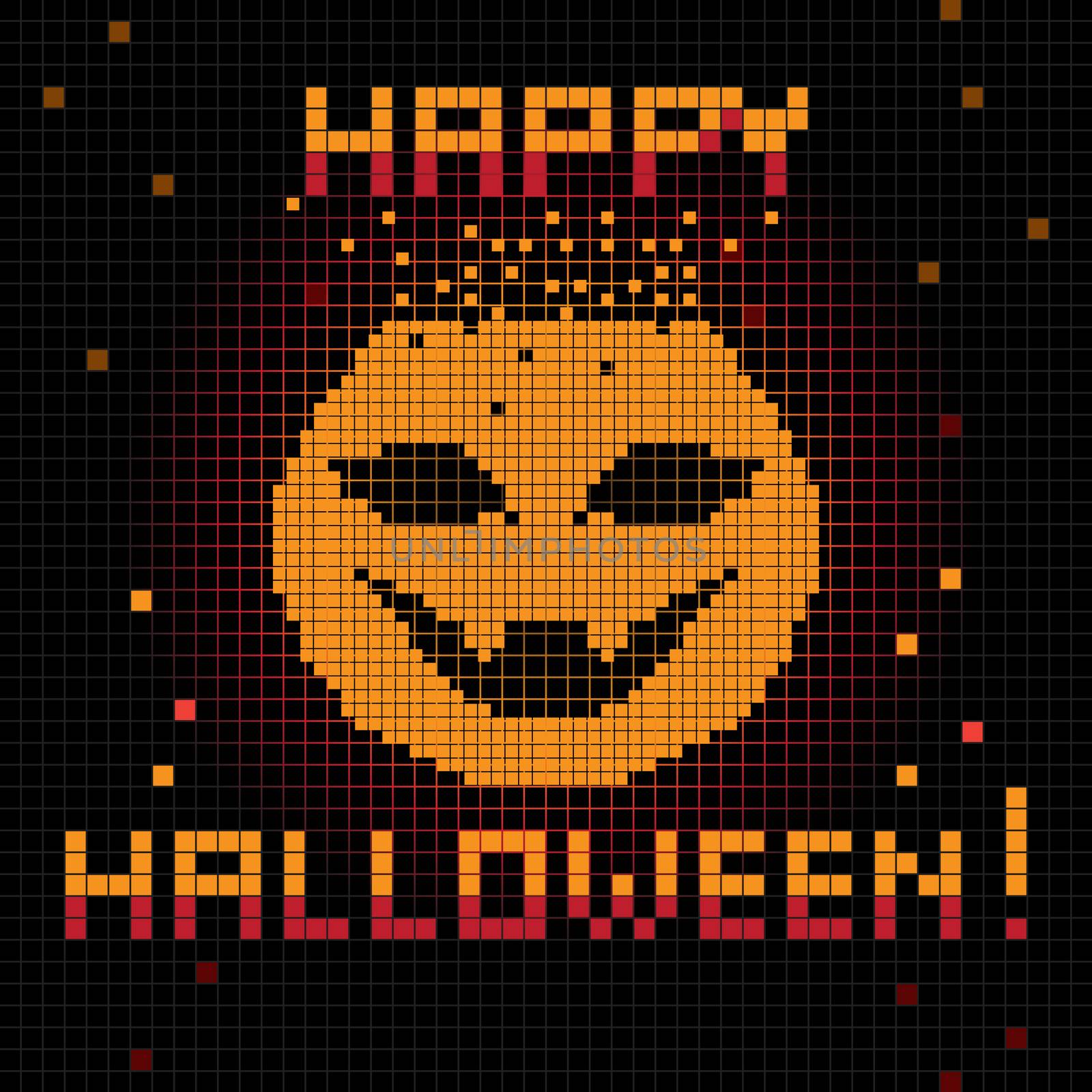 Halloween greetings card, pixel illustration of a scoreboard composition with digital drawing of a pumpkin laughing and holiday text