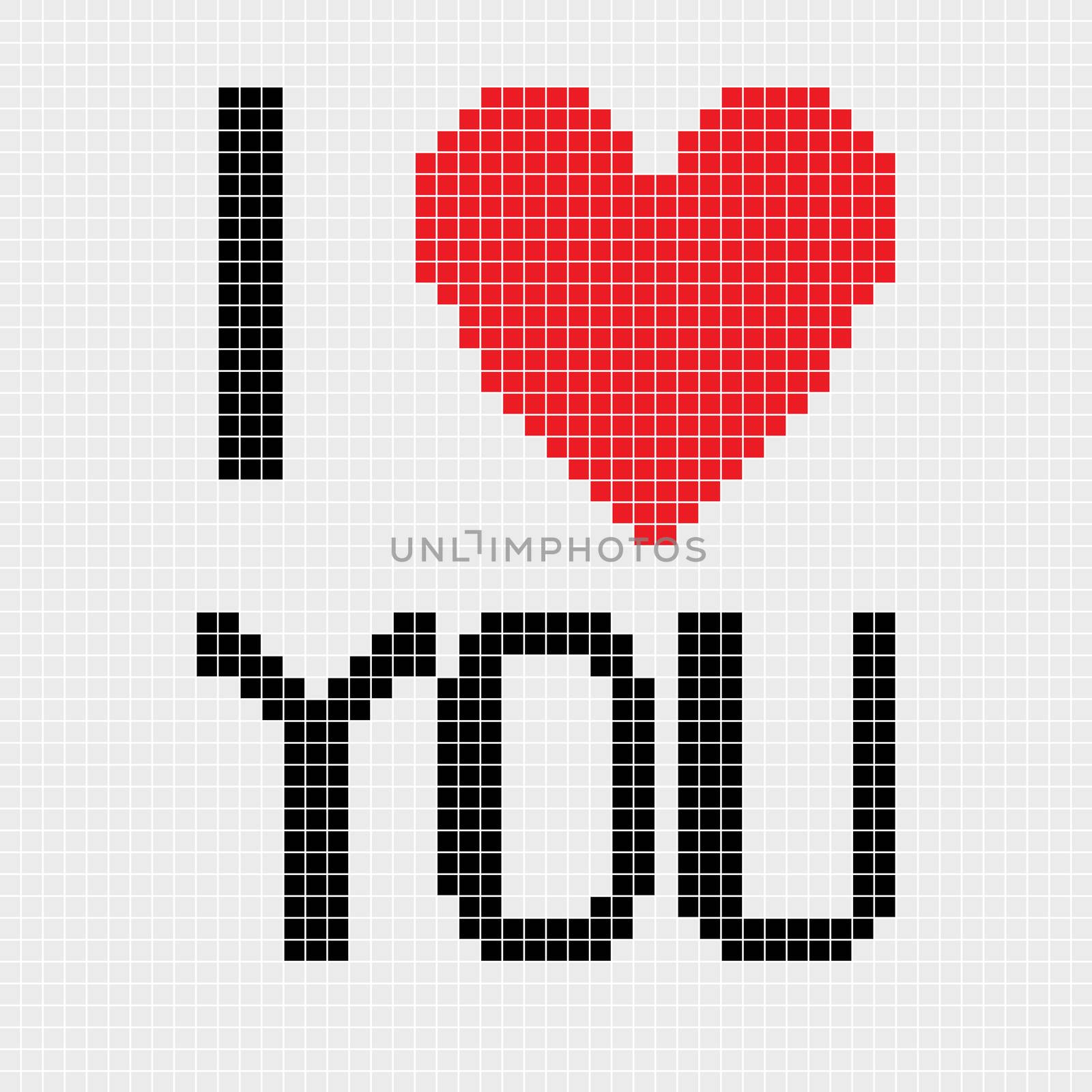 I love you, pixel illustration of a scoreboard composition with digital text and heart shape