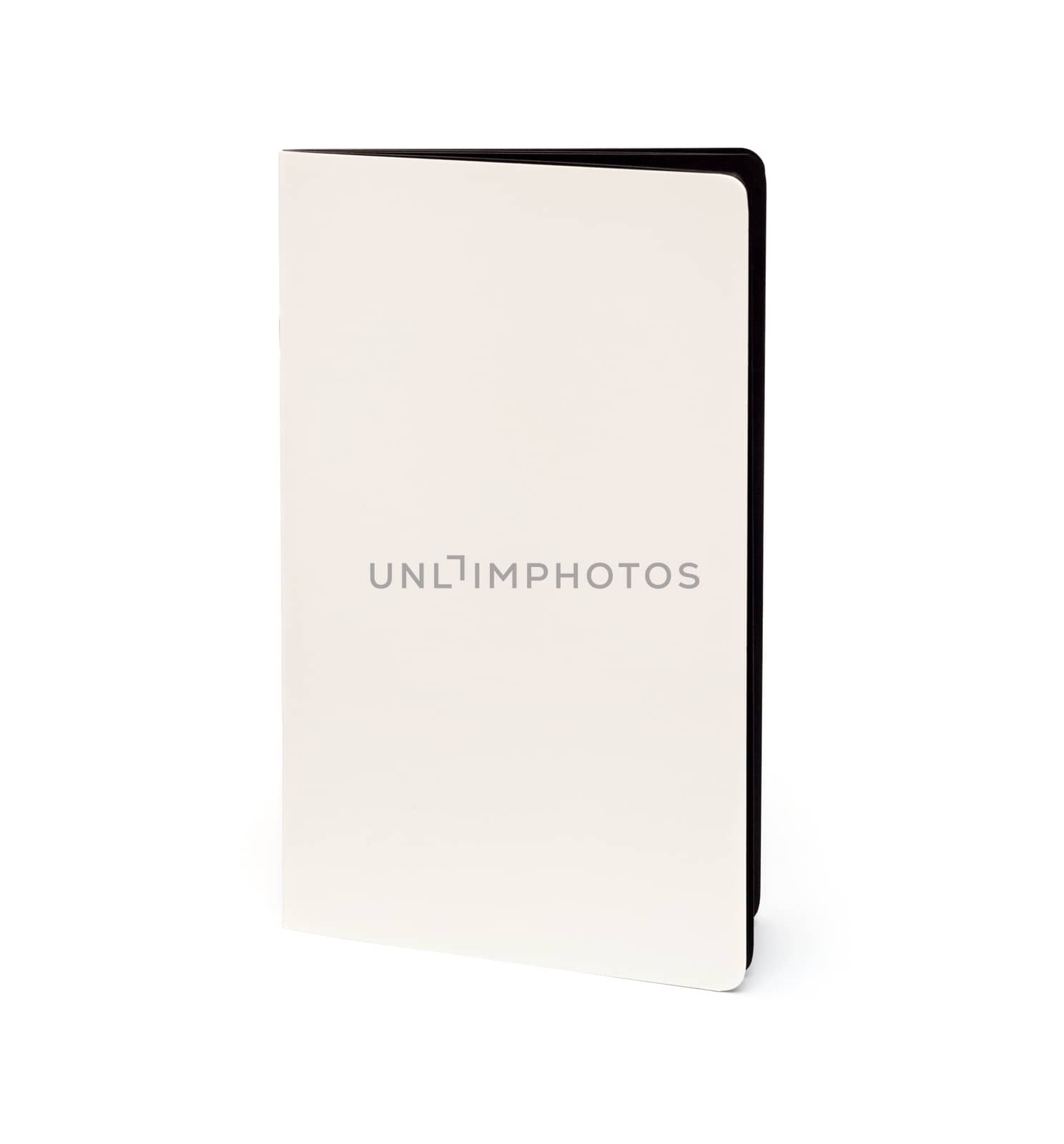 close up of a blank white notebook on white background