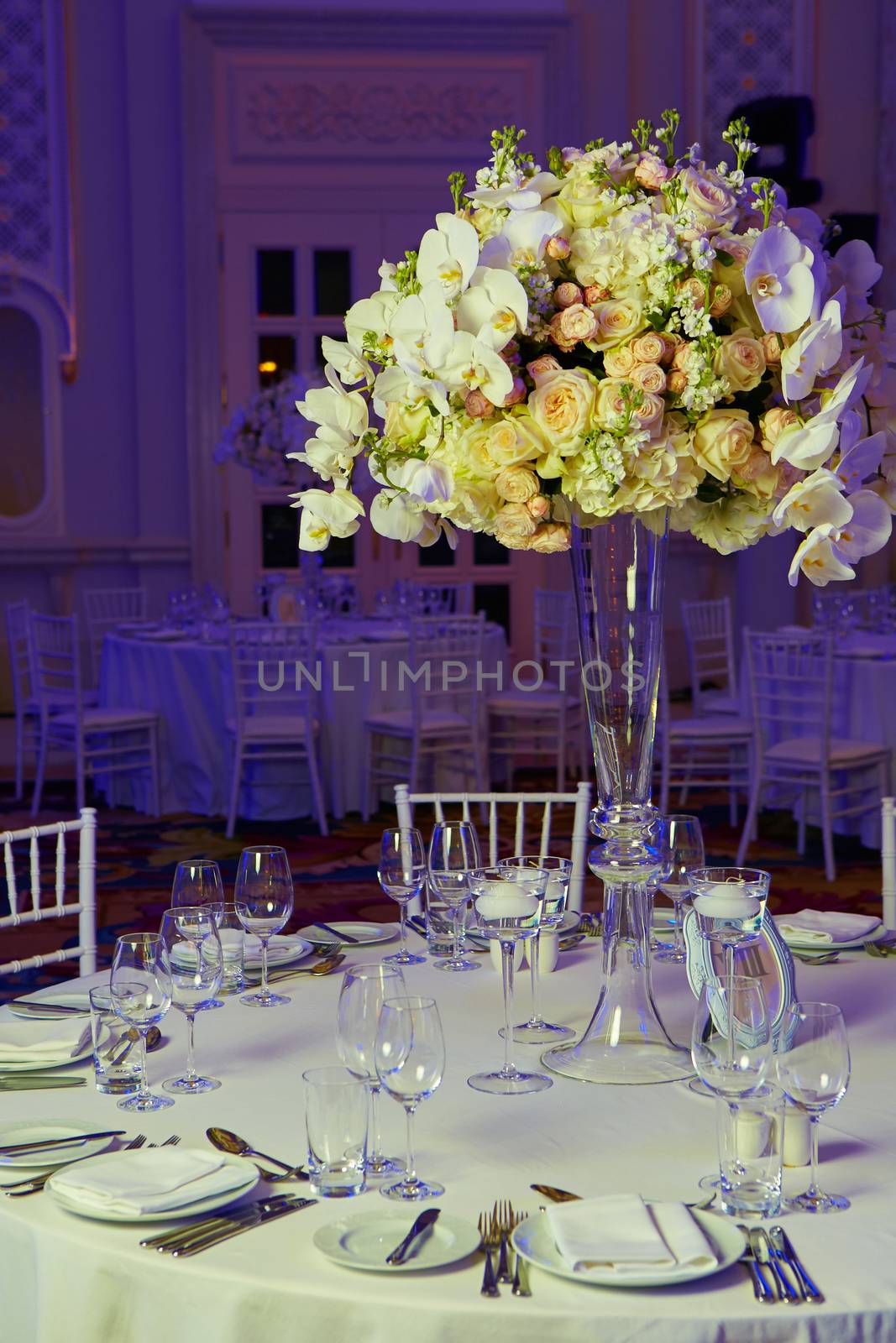 Beautiful flowers on table in wedding day