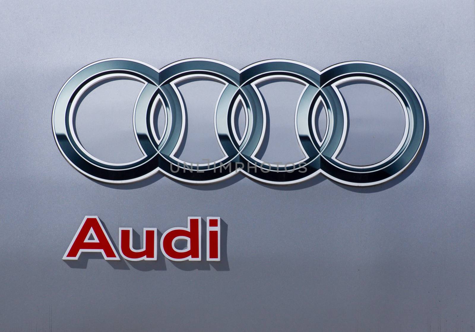 GLENDALE, CA/USA - OCTOBER 24, 2015: Audi automobile dealership logo. Audi is a German automobile manufacturer.