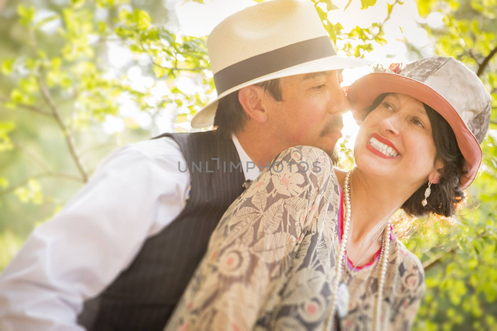 1920s Dressed Romantic Couple Flirting Outdoors by Feverpitched