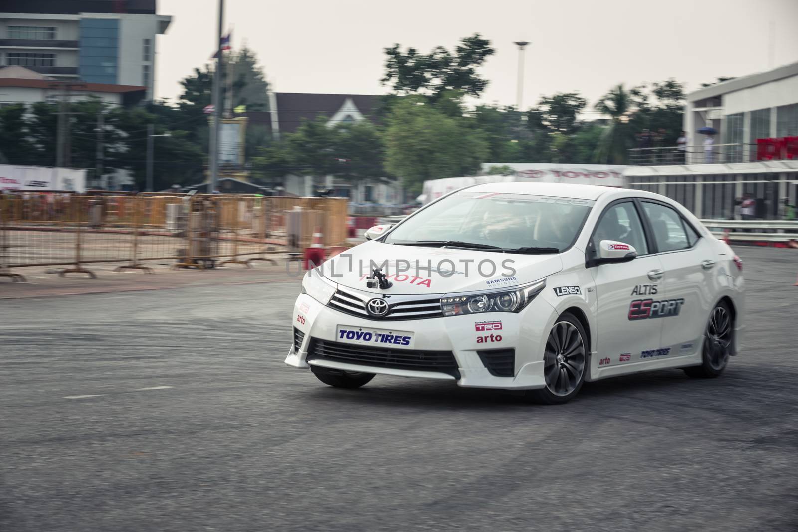 Udon Thani, Thailand - October 18, 2015: Toyota Colora Altis perform drifting on the track at the event Toyota Motor Sport show at Udon Thani, Thailand