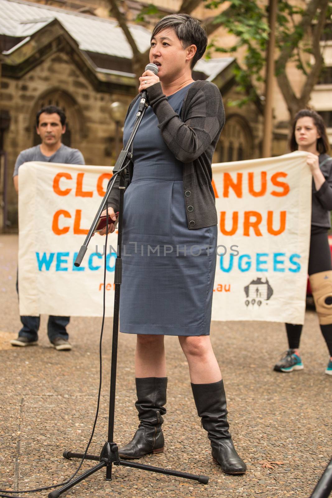 AUSTRALIA, Sydney: Greens MP Jenny Leong addresses supporters of a Somali refugee known as Abyan during a rally at Town Hall Square in Sydney on October 23, 2015. After allegedly being raped at Nauru detention center, Abyan was flown to Australia to have an abortion, which she was then reportedly denied before being deported back to Nauru. Immigration Minister Peter Dutton has said that Abyan changed her mind about the abortion, and upon her request could be flown back to Australia for the procedure.