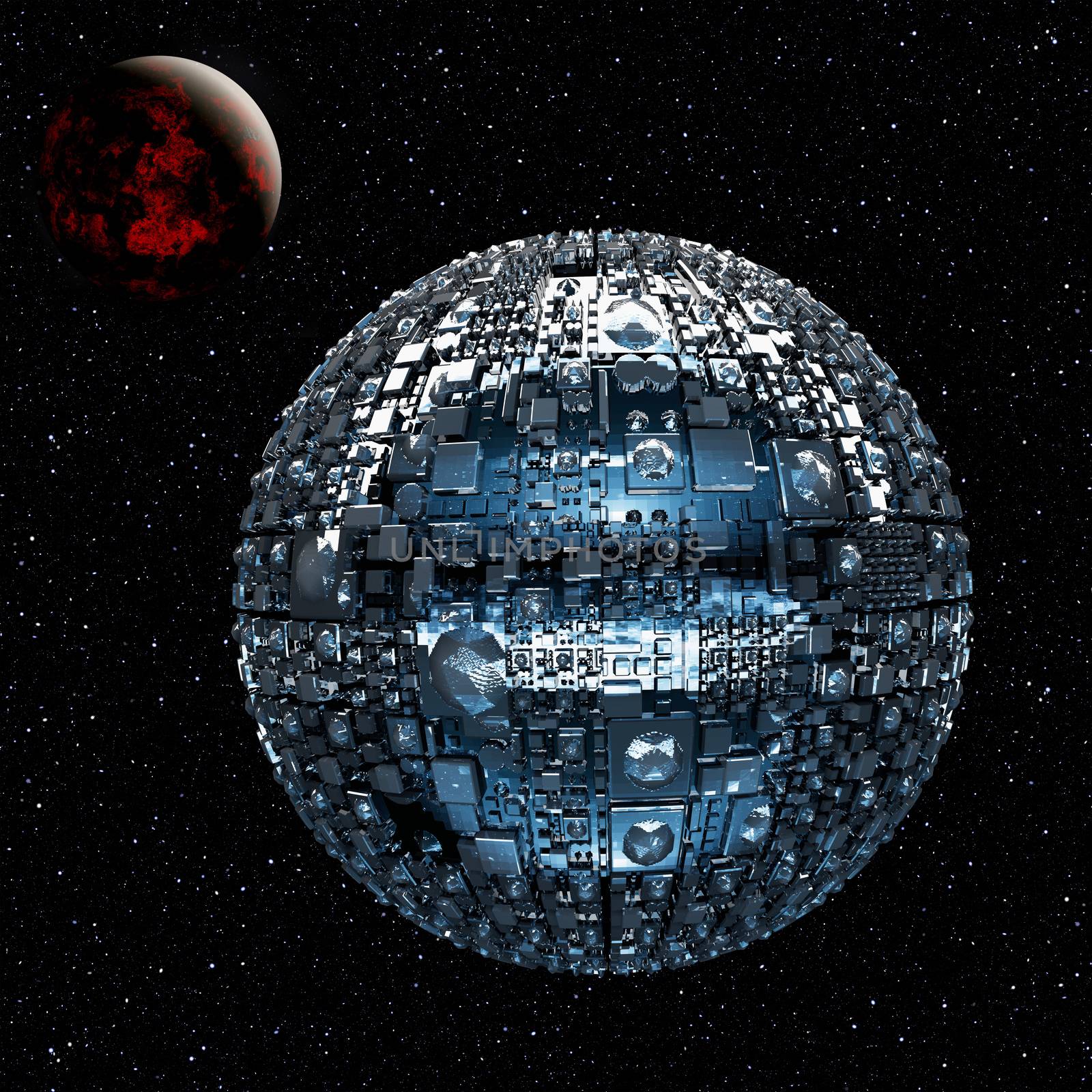 Illustration of a fictional universe with space battle ship and planets