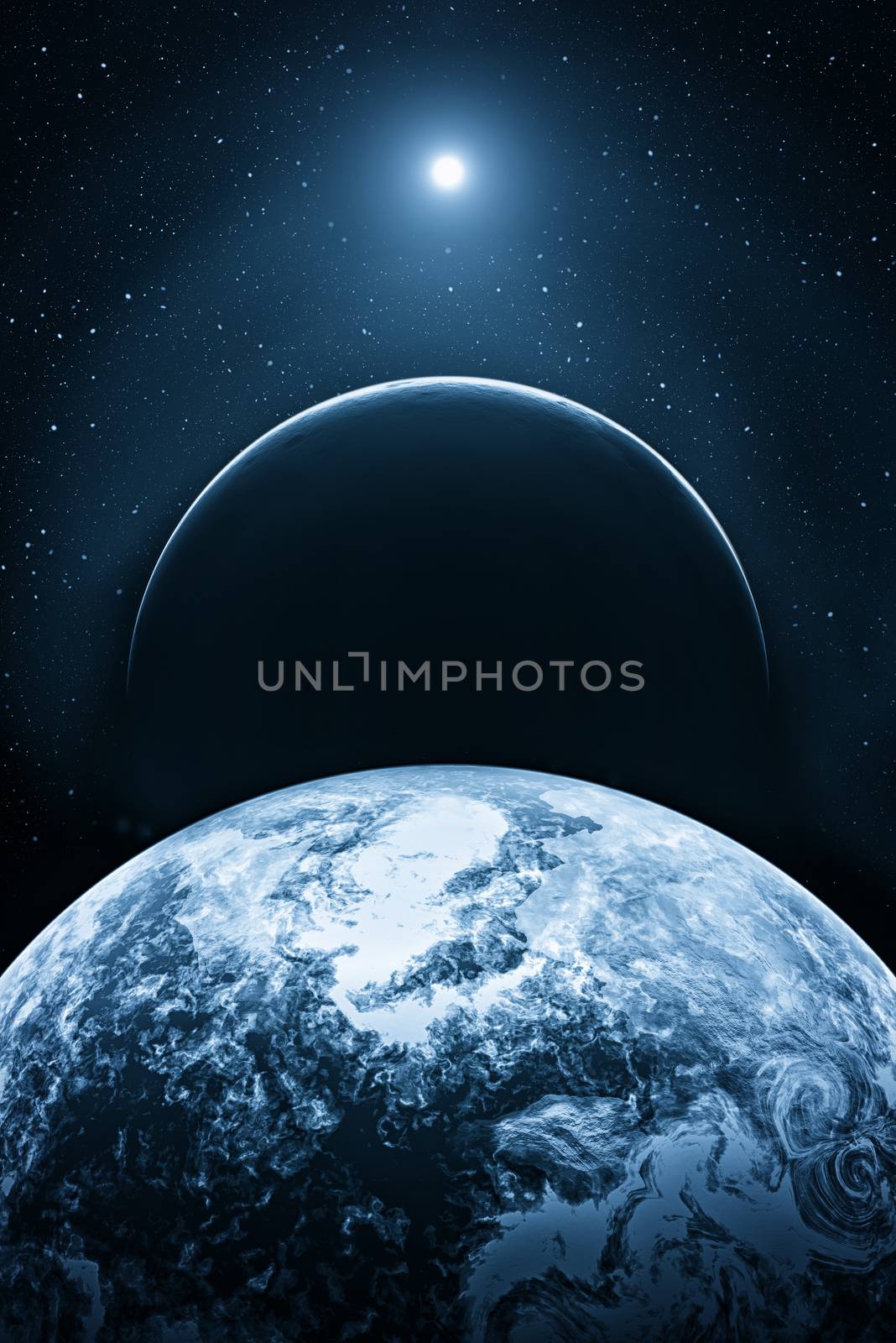 Illustration of a fictional blue universe space with planets
