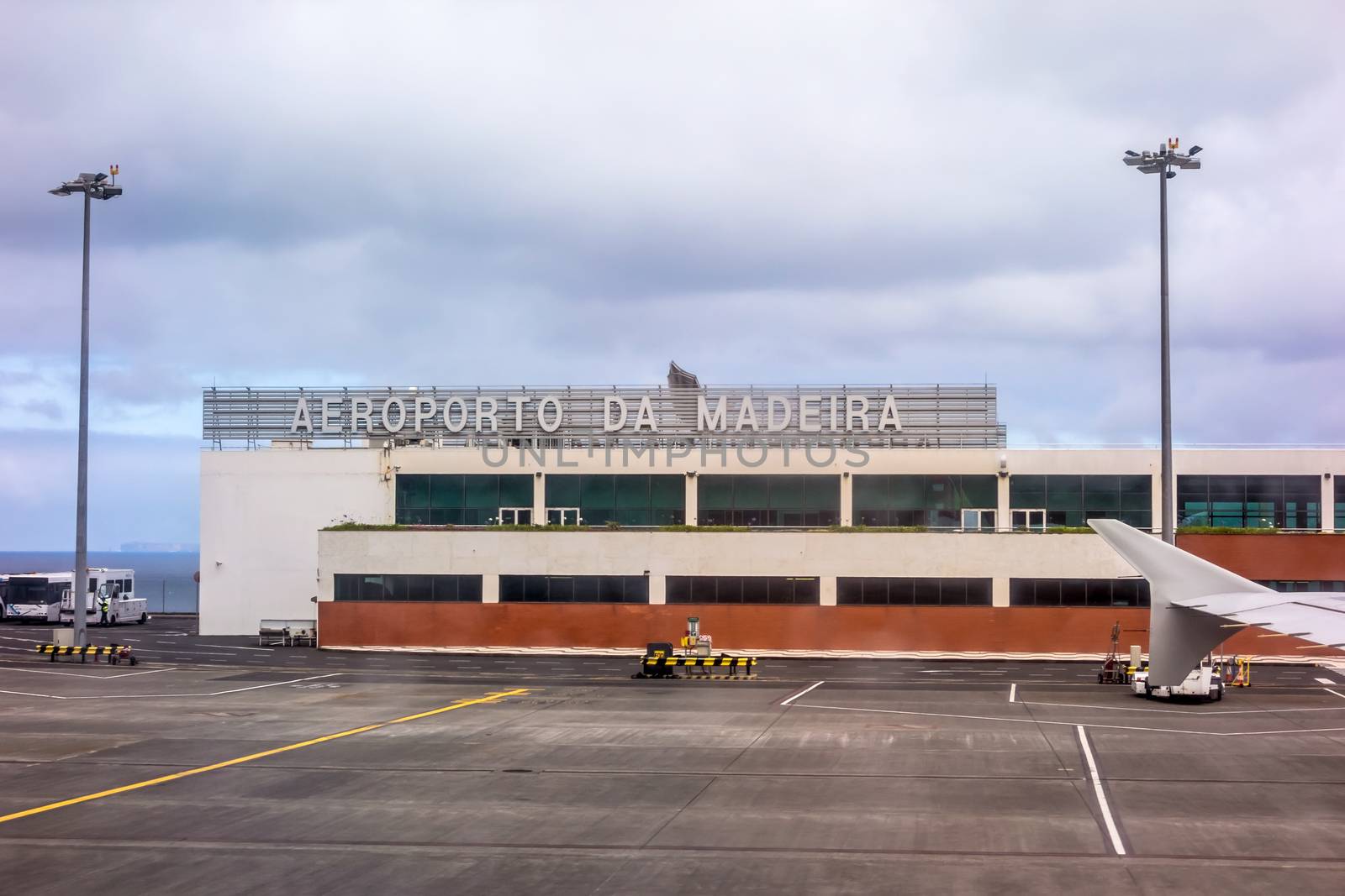 Funchal, Portugal - May 30, 2013: At the airport of Funchal, Island of Madeira after landing. Main gate.