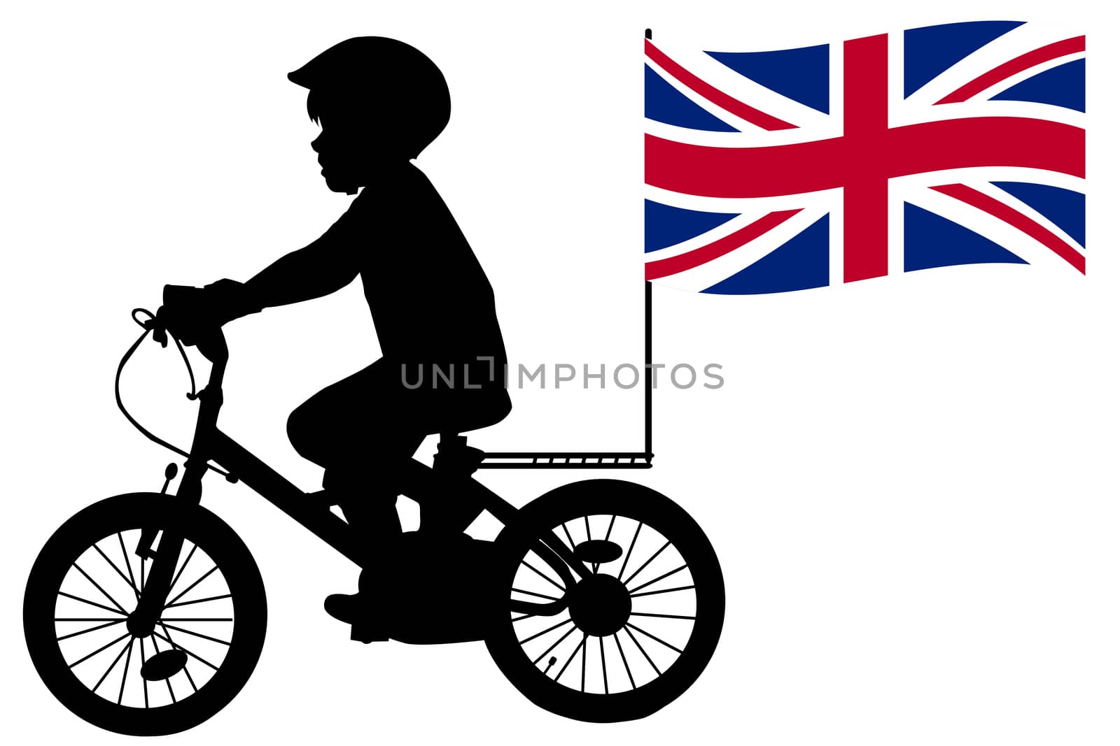 A kid silhouette rides a bicycle with United Kingdom flag by hibrida13