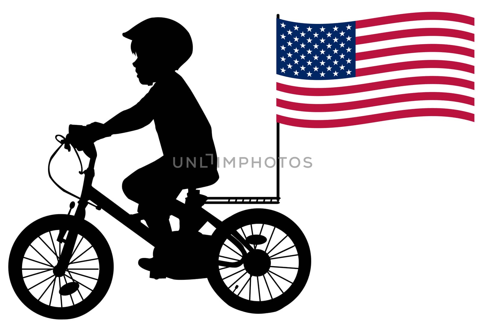 A kid silhouette rides a bicycle with USA flag