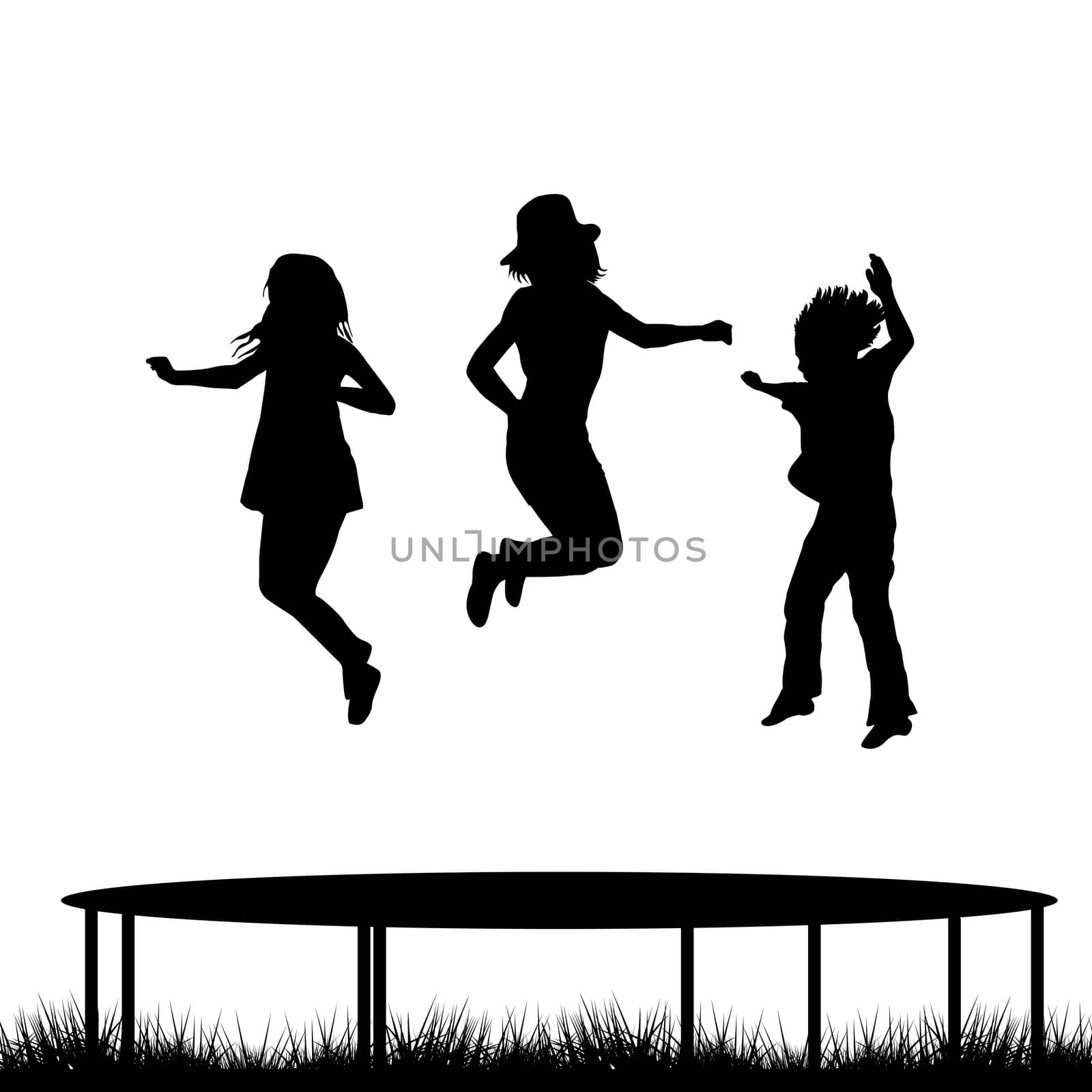 Children silhouettes jumping on garden trampoline