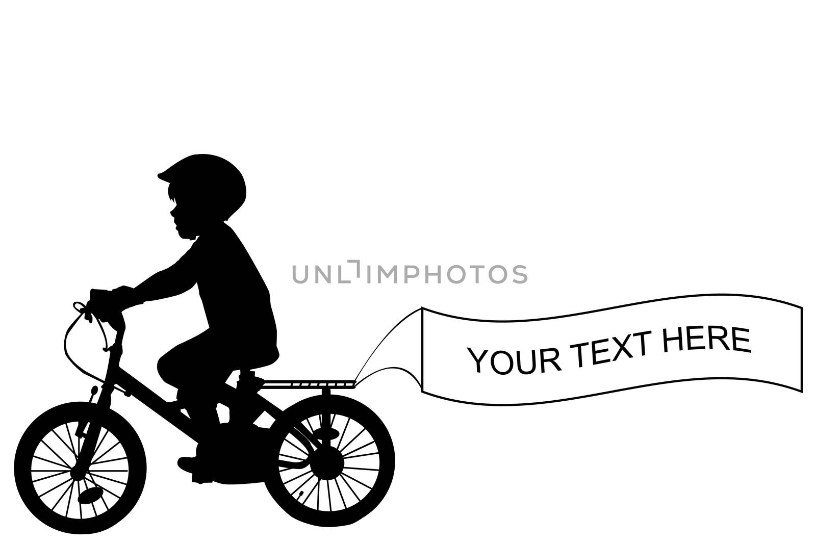 Kid silhouette riding a bike and holding a banner with place for sample text