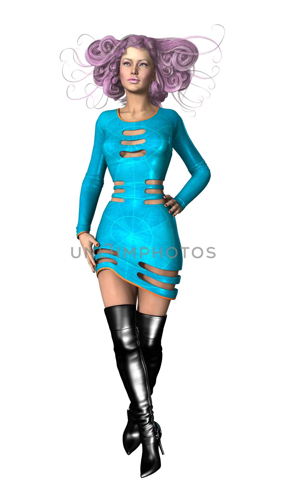 3D digital render of a beautiful futuristic woman isolated on white background
