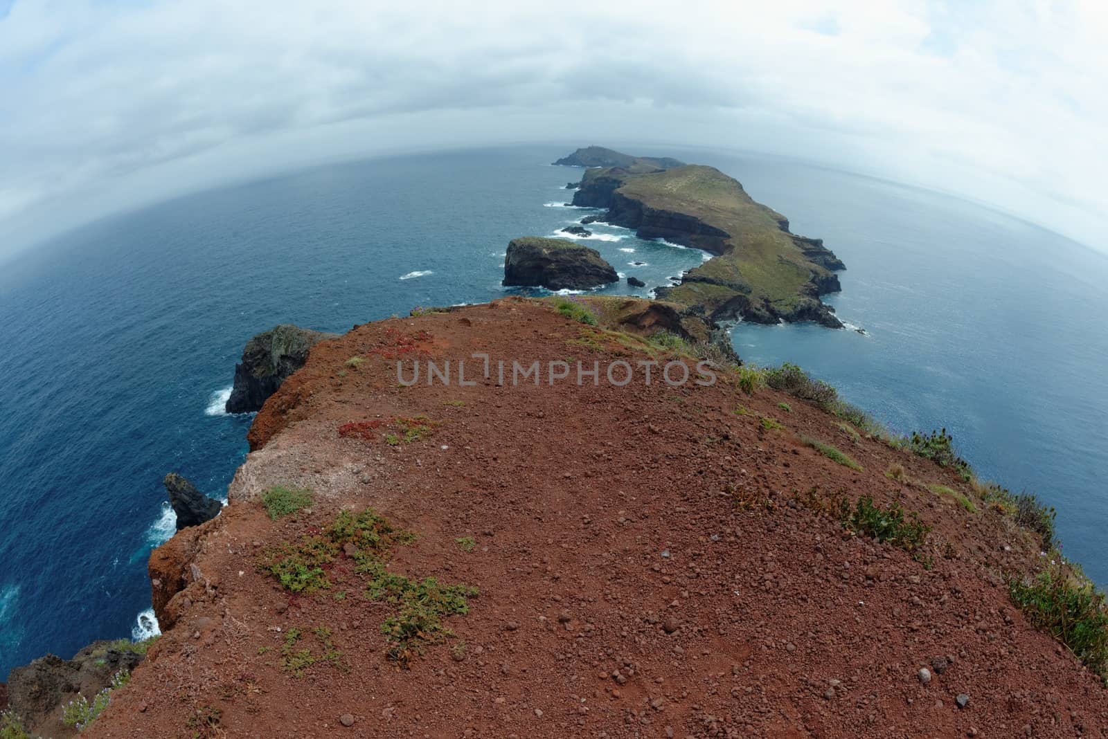 Fisheye view of Cape Ponta de Sao Lourenco, the most eastern edge of Madeira island, Portugal