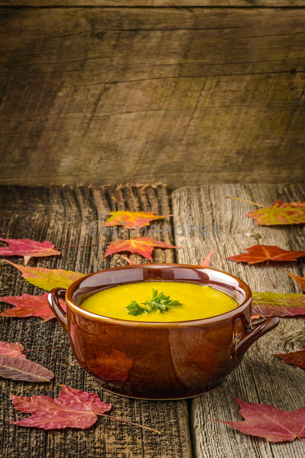 Bowl of homemade pumkin soup on a rustic background.