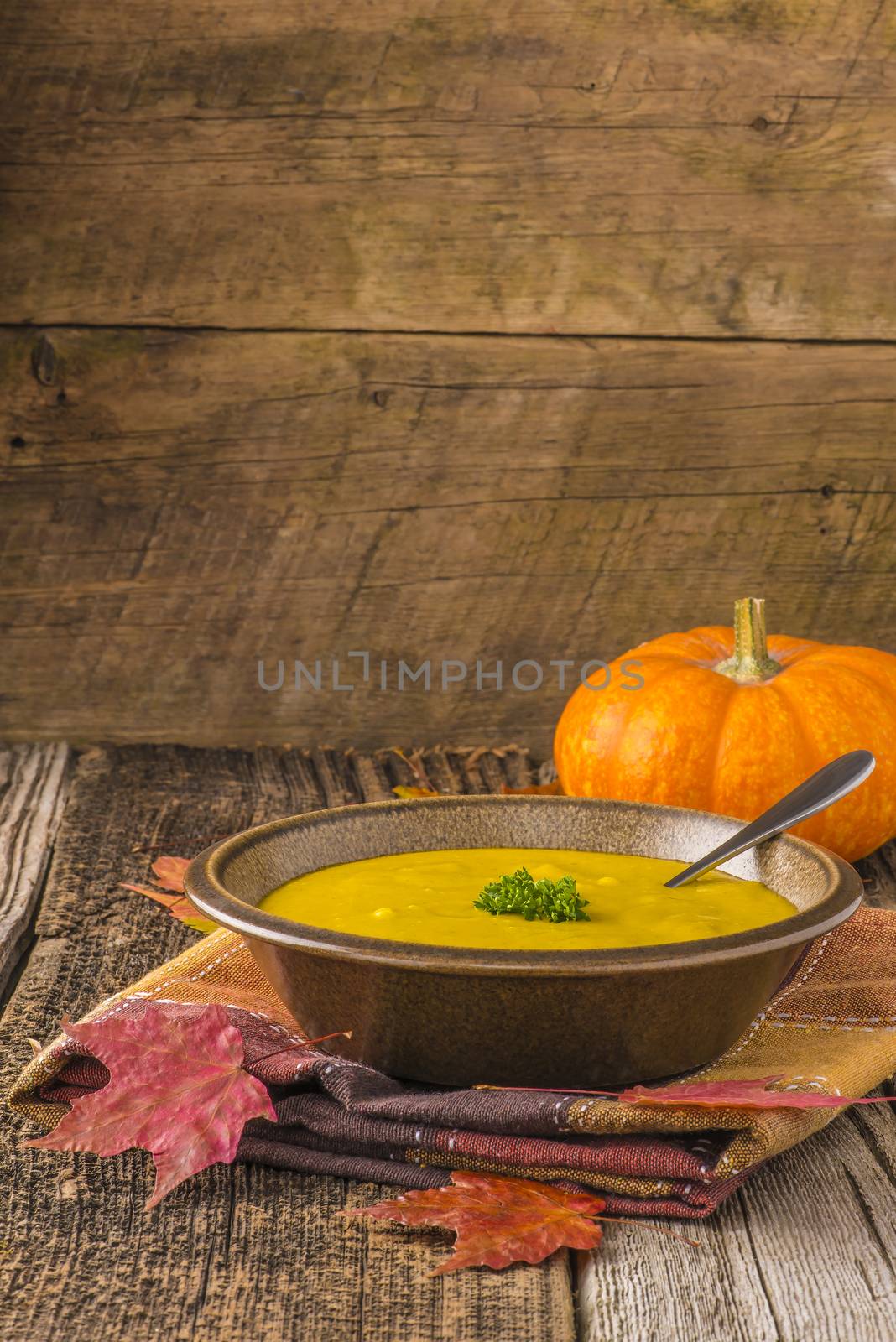 Bowl of homemade pumpkin soup photographed on a rustic wood background.