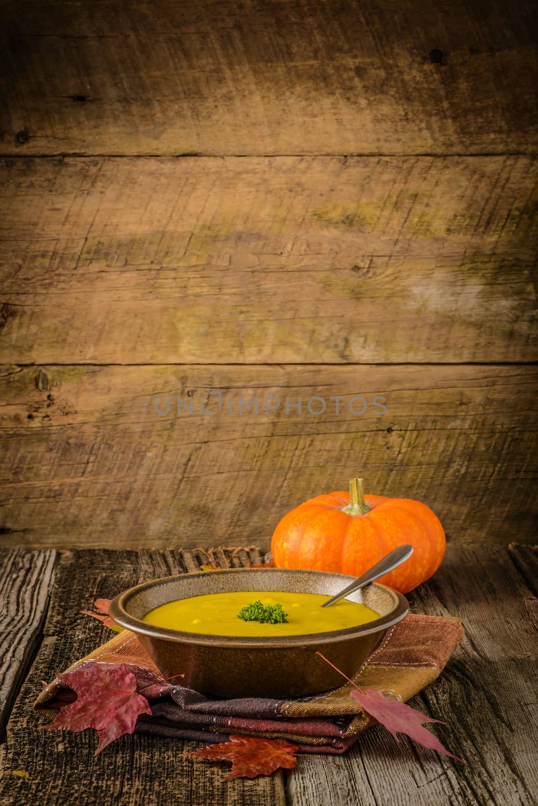 Creamy homemade pumpkin soup on a rustic wooden background.