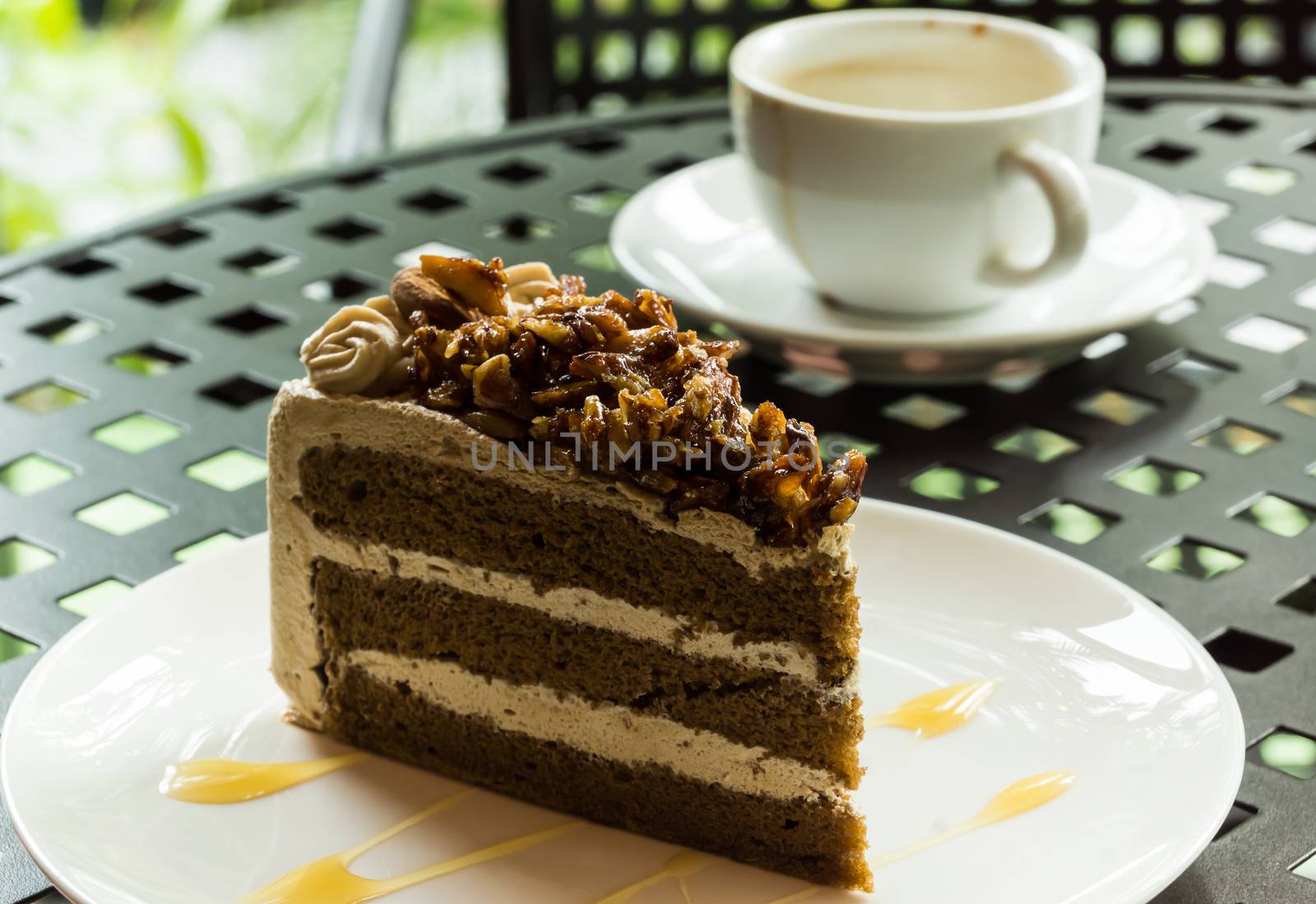 delicious chocolate cake on the coffee break