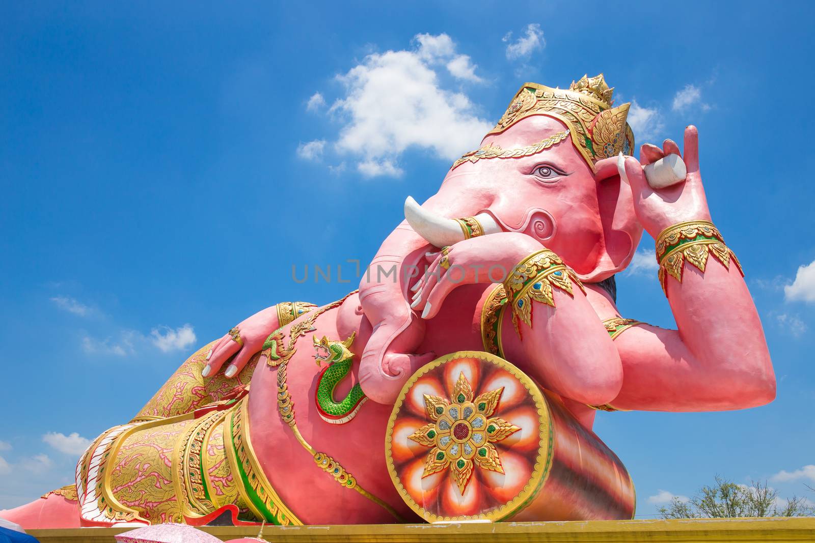 Beautiful Ganesh statue on blue sky at wat saman temple in Prachinburi province of thailand, Is highly respected by the people of Asia