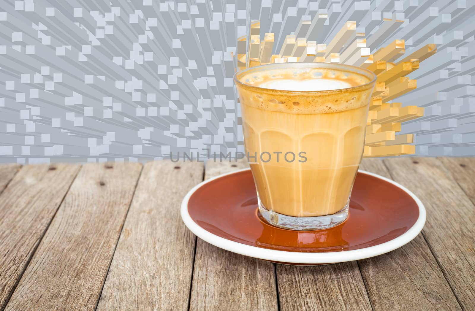 latte art coffee in glass clear cup on wood table and graphic background