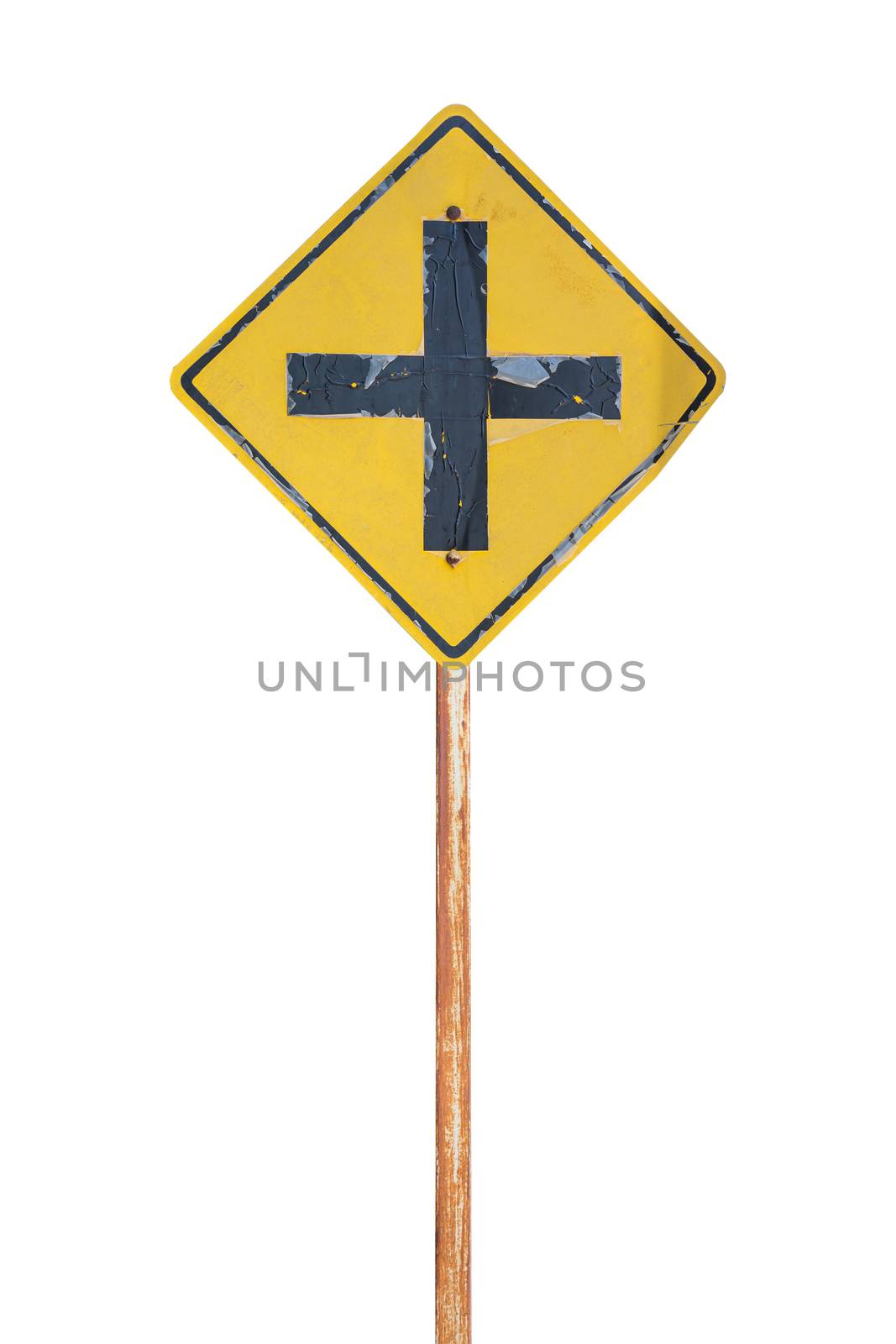 Old Intersection ahead road sign isolated on white background by powerbeephoto