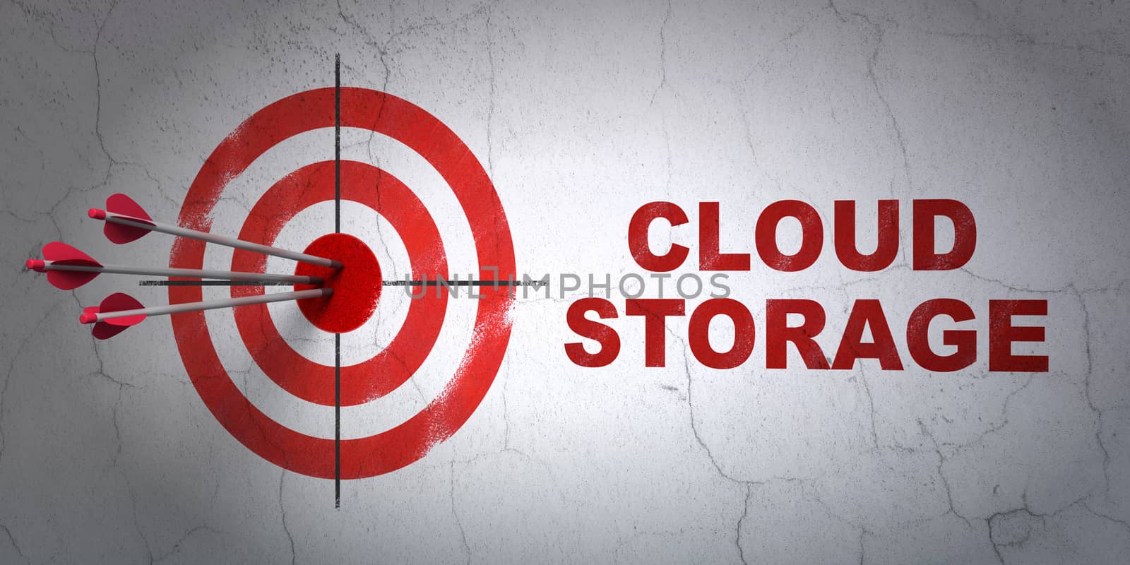 Success privacy concept: arrows hitting the center of target, Red Cloud Storage on wall background