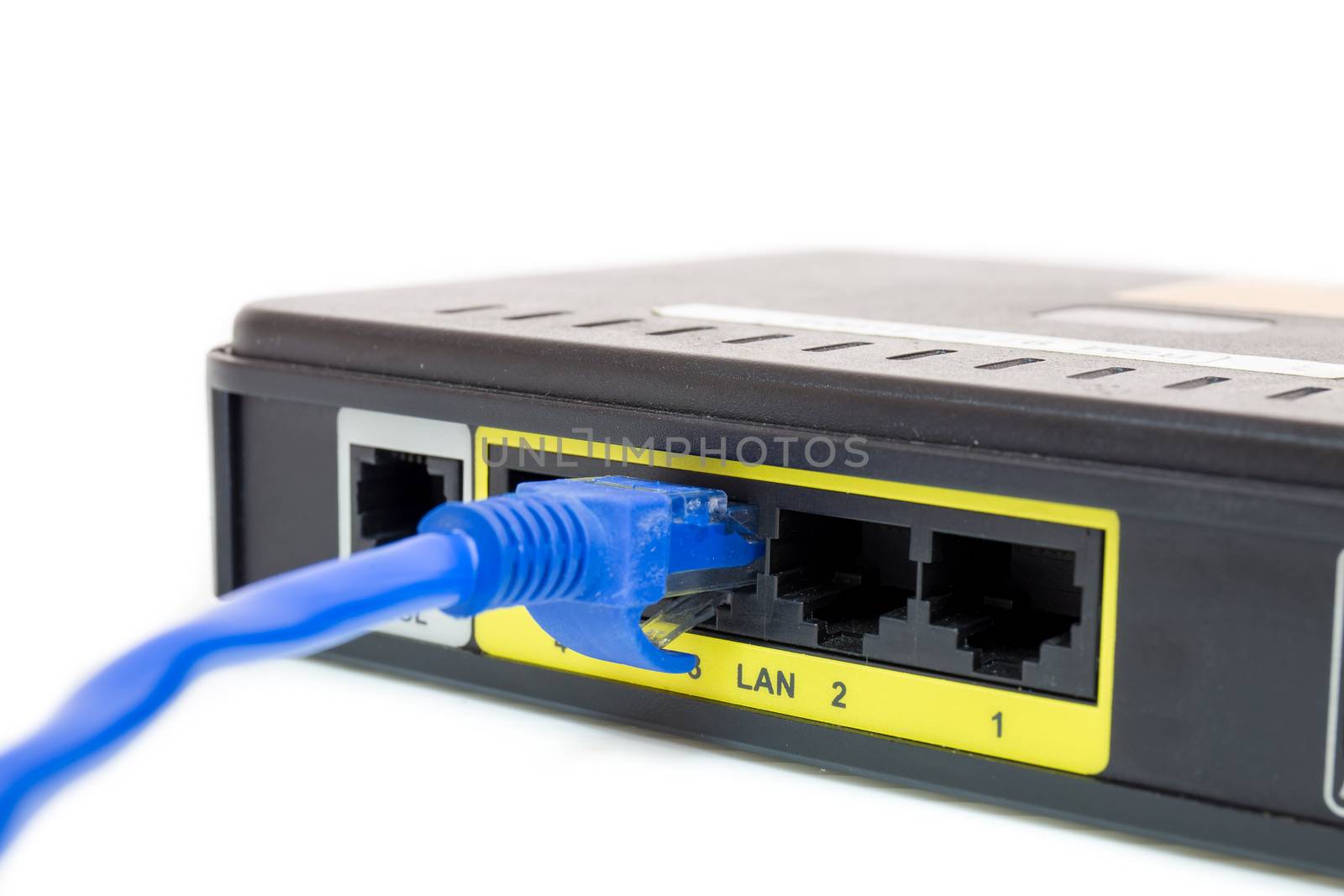 Close up LAN UTP RJ45 Cat5e connect to ADSL Router network switch