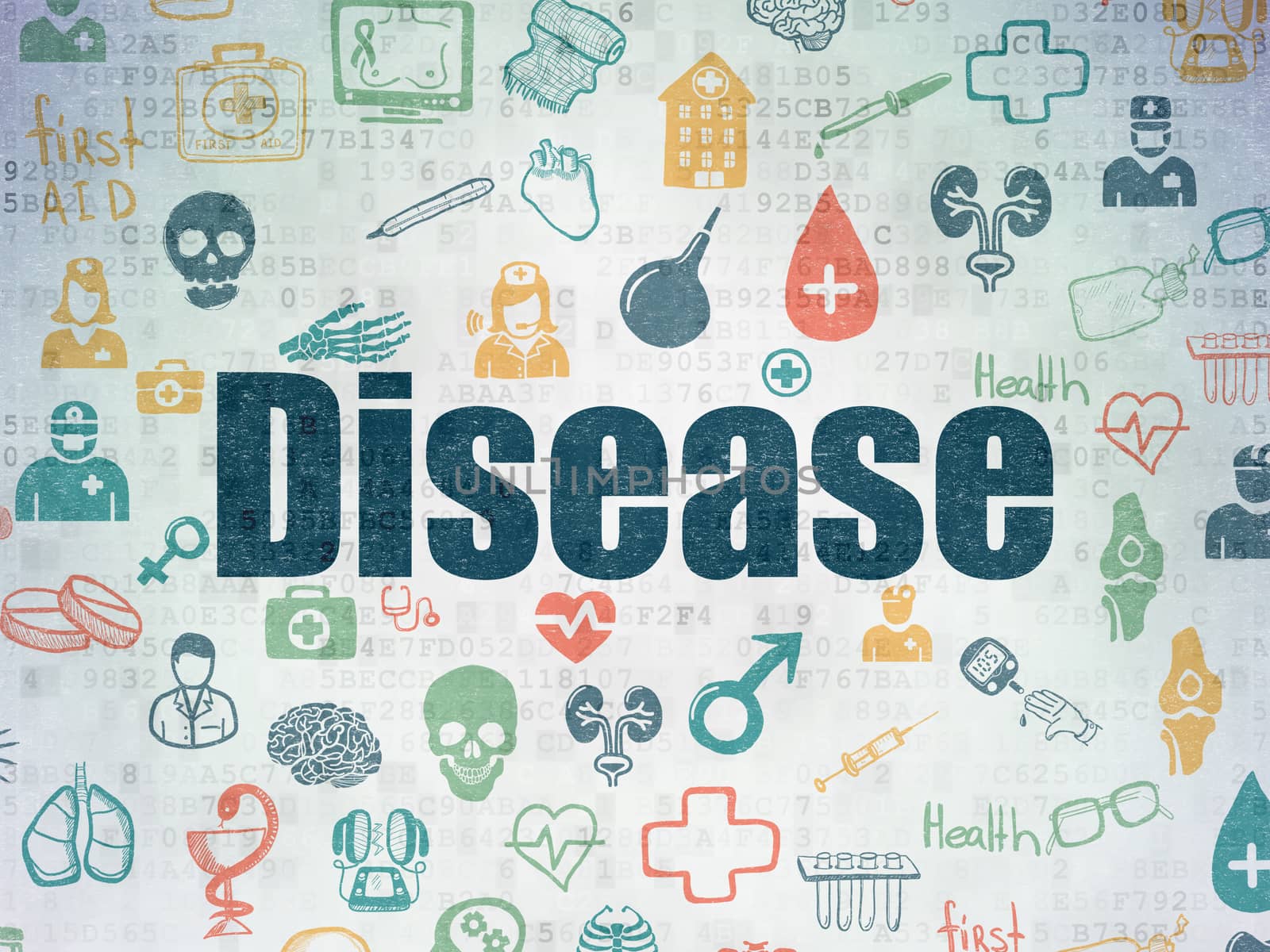 Healthcare concept: Painted blue text Disease on Digital Paper background with   Hand Drawn Medicine Icons