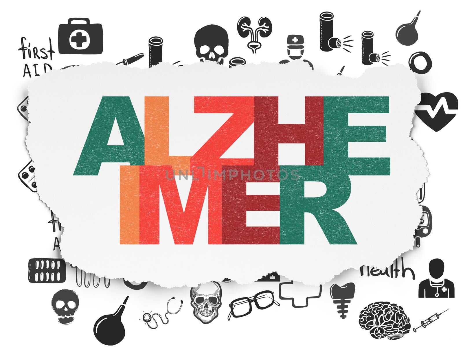 Healthcare concept: Painted multicolor text Alzheimer on Torn Paper background with  Hand Drawn Medicine Icons