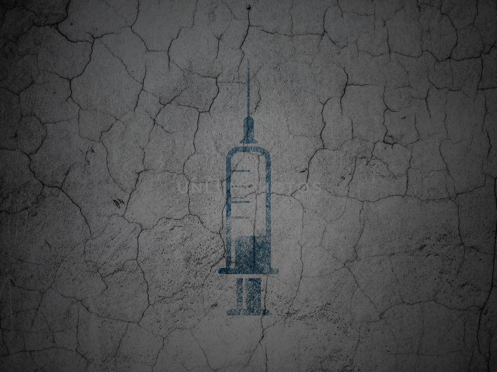 Health concept: Blue Syringe on grunge textured concrete wall background