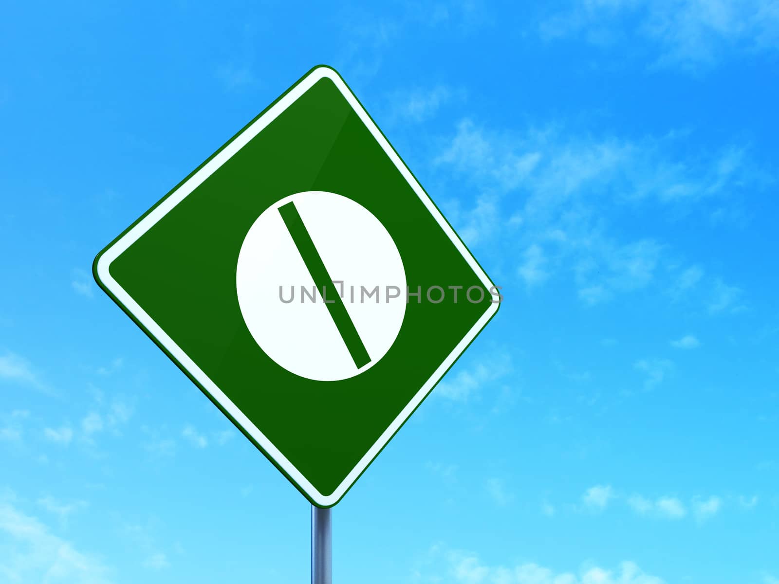 Medicine concept: Pill on green road (highway) sign, clear blue sky background, 3d render