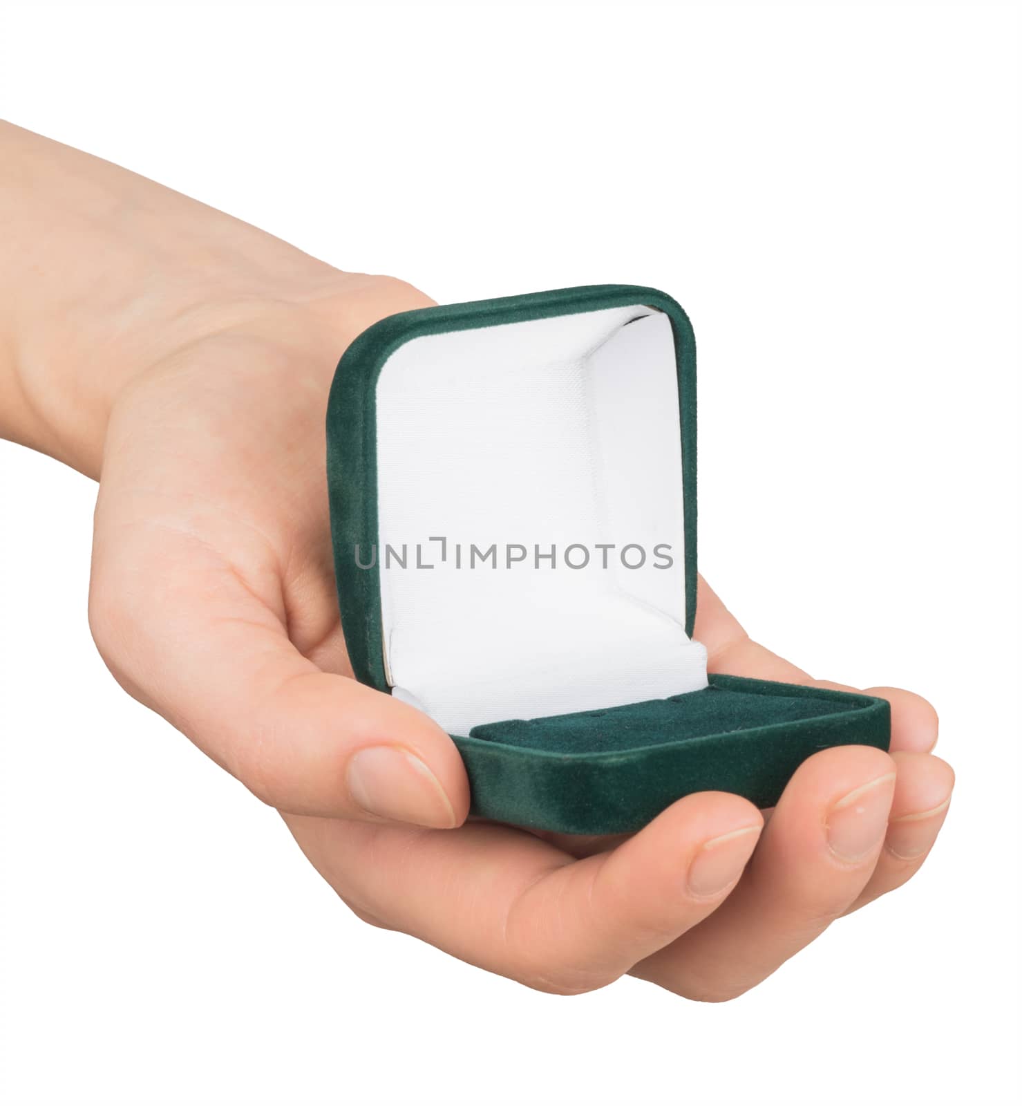 Empty ring box in humans hand by cherezoff