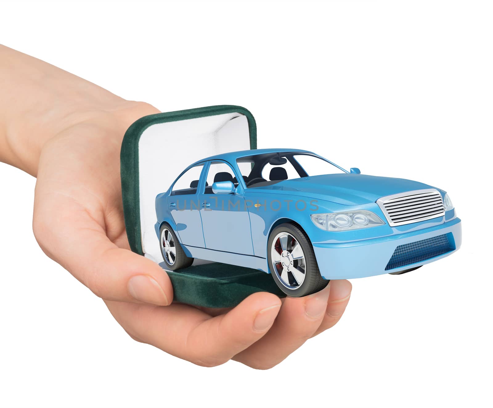 Empty ring box with car in humans hand on isolated white background