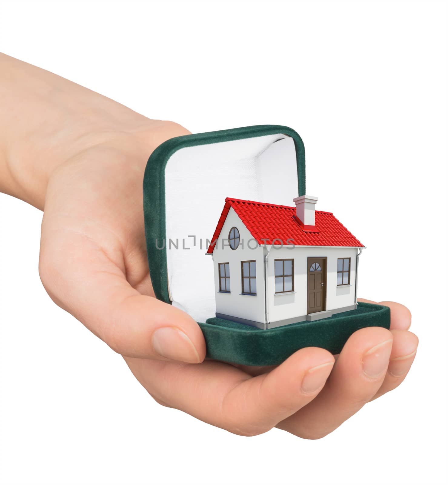 Empty ring box with house in humans hand by cherezoff