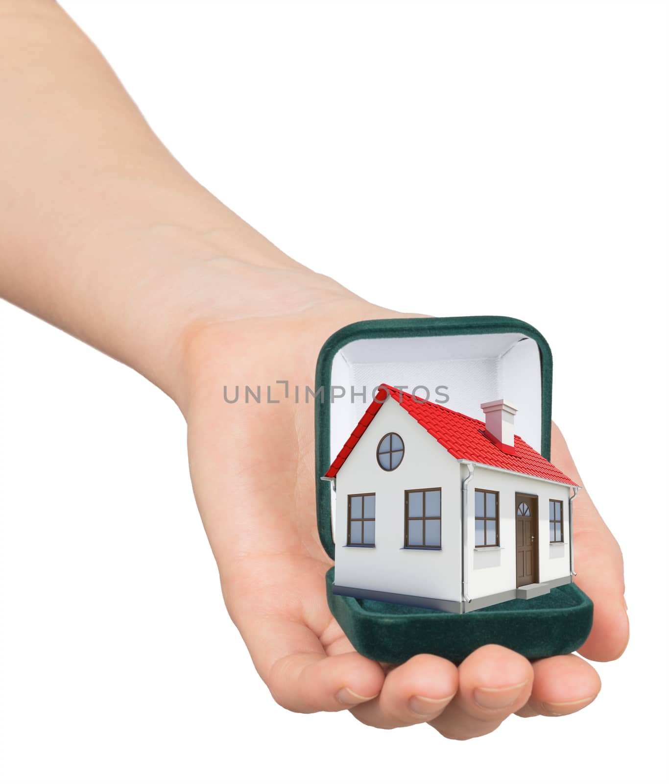Empty ring box with house in womans hand by cherezoff