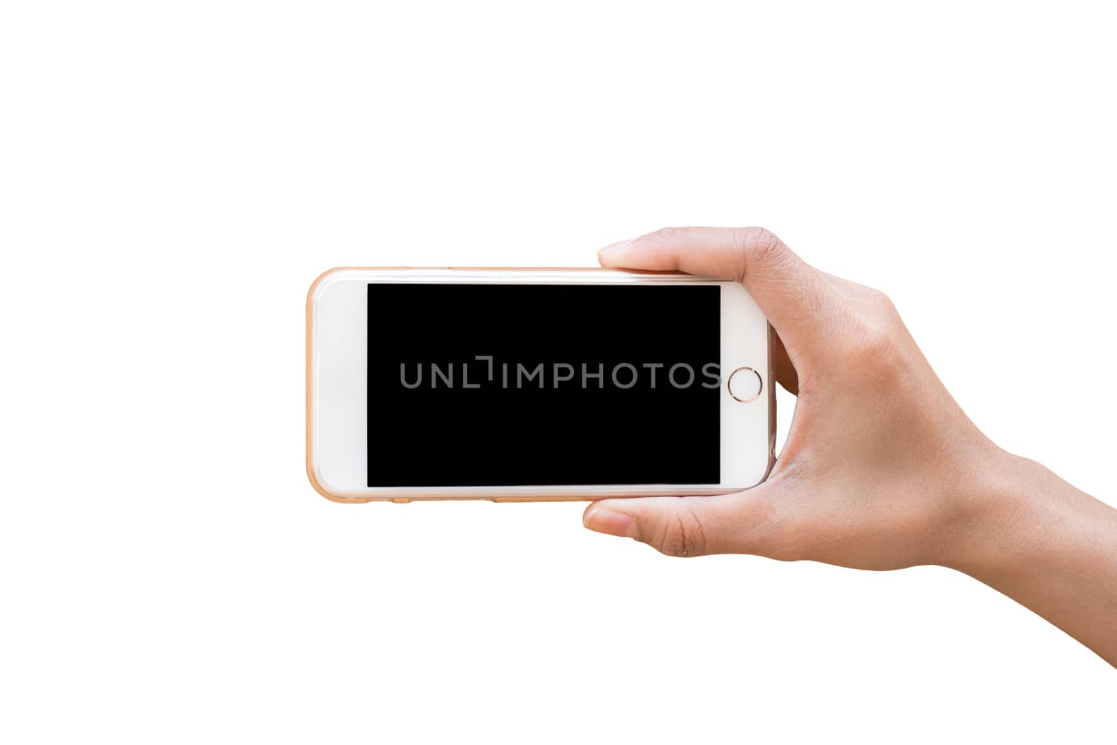 Hand holding white Smartphone on white wall background