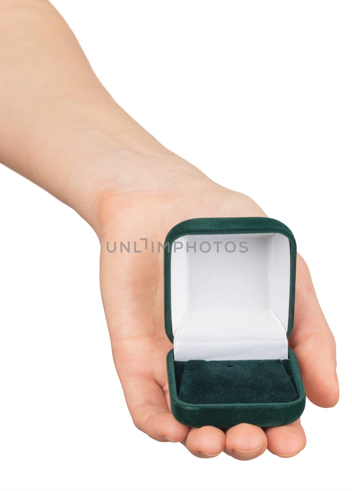 Empty ring box in womans hand on isolated white background