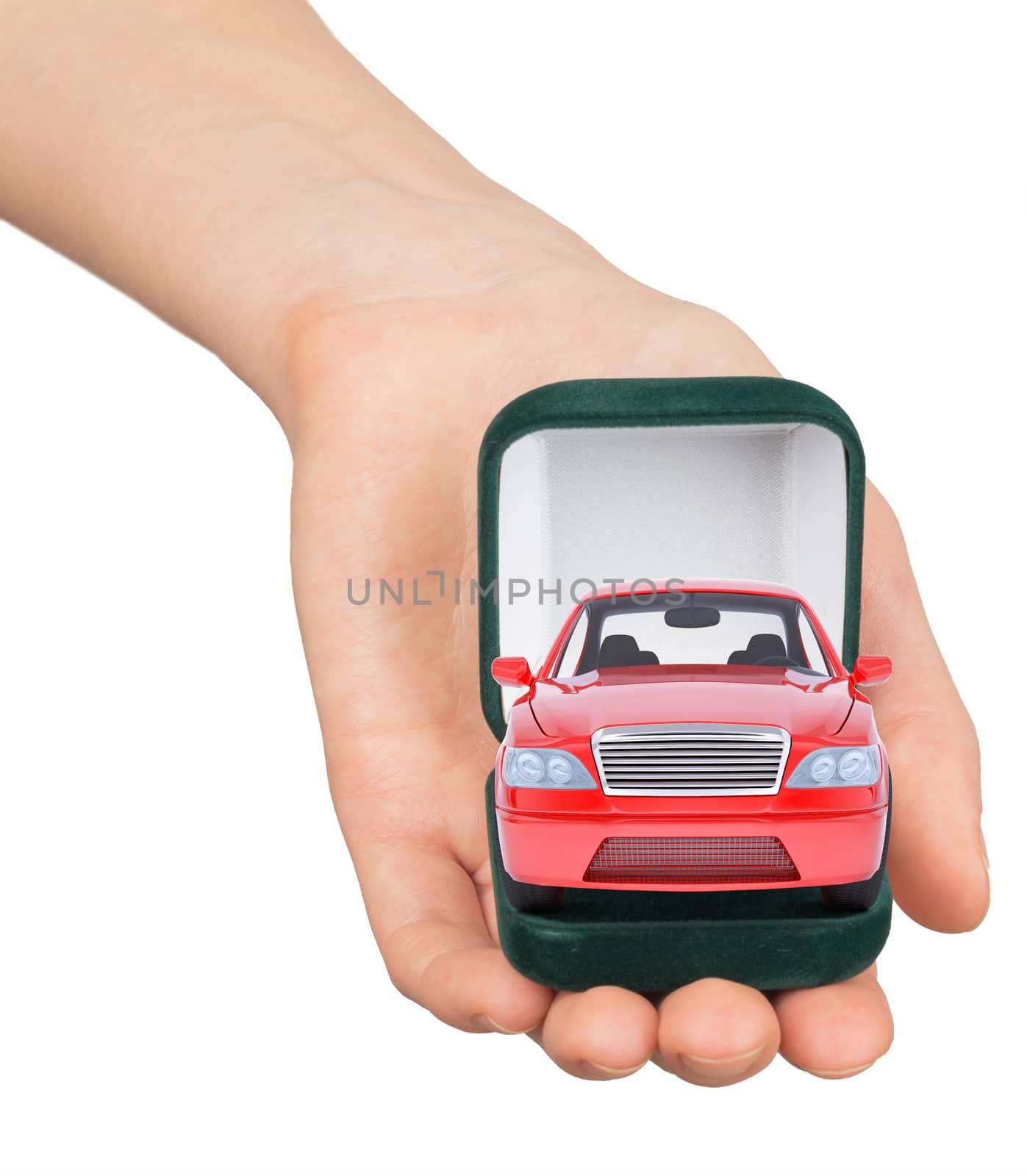 Empty ring box with red car in humans hand by cherezoff